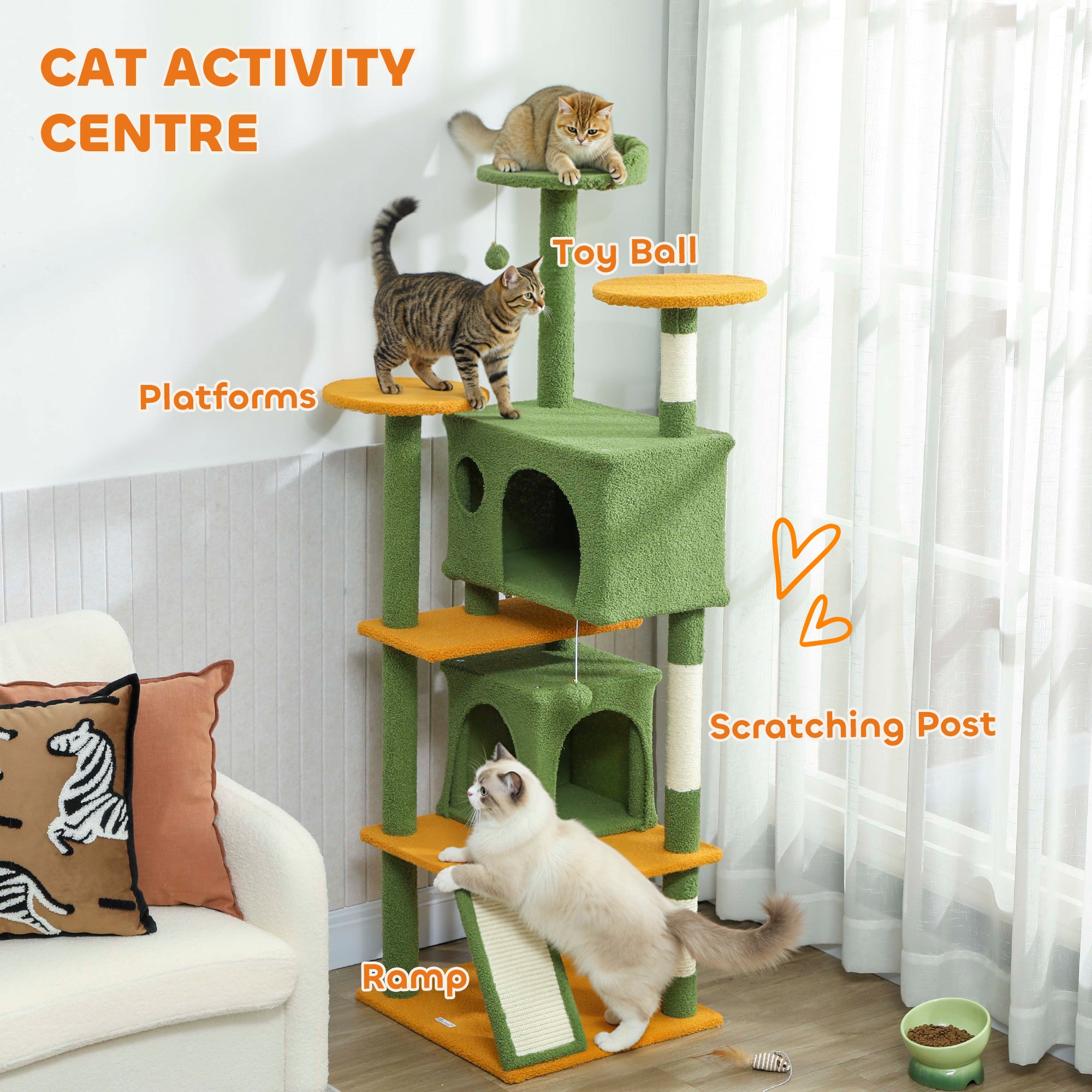 pawhut-arbre-chat-63-pouces-vert-avec-2-niches-lit-rampe-et-griffoirs image 6
