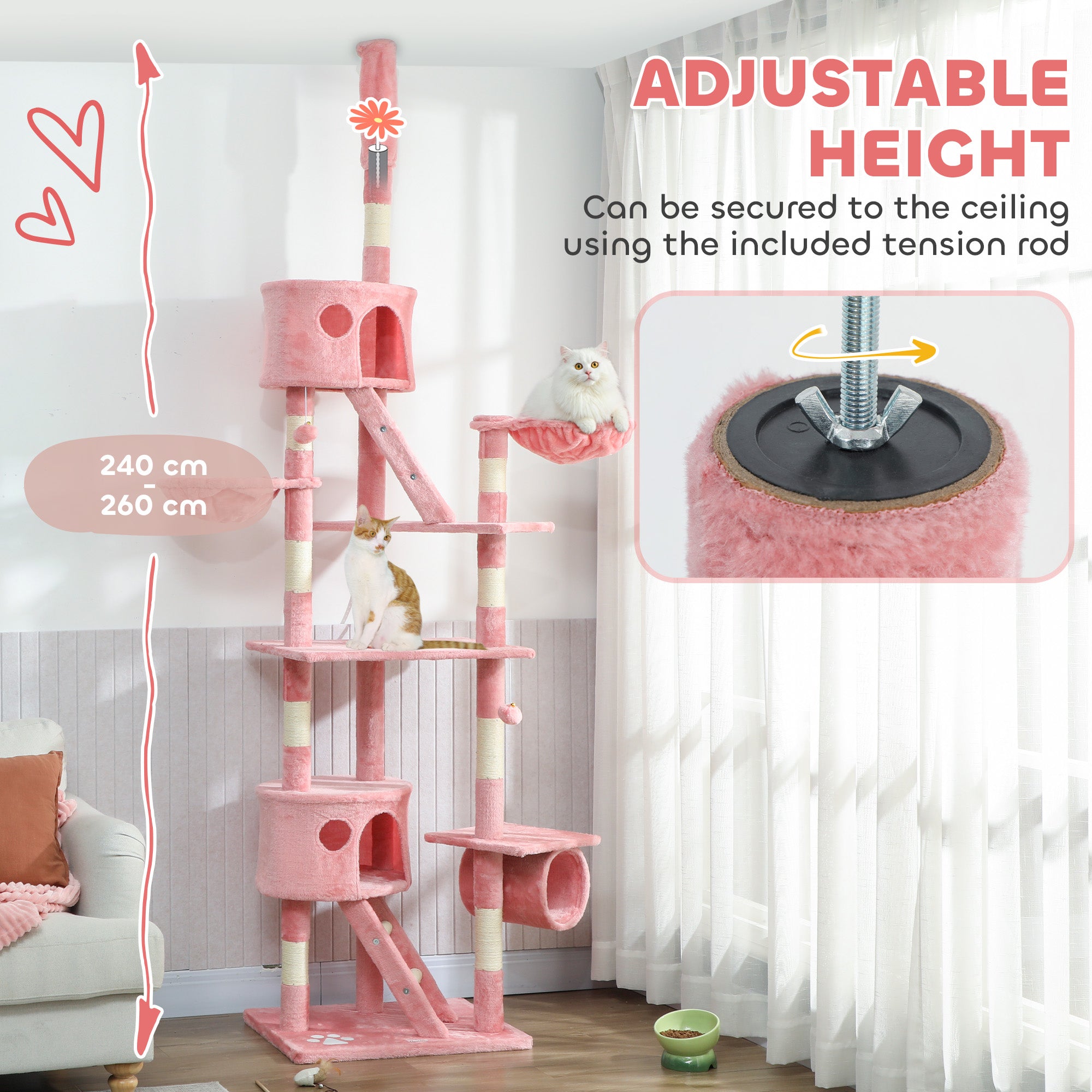 pawhut-arbre-chat-du-sol-au-plafond-7-niveaux-avec-hamacs-rose image 7