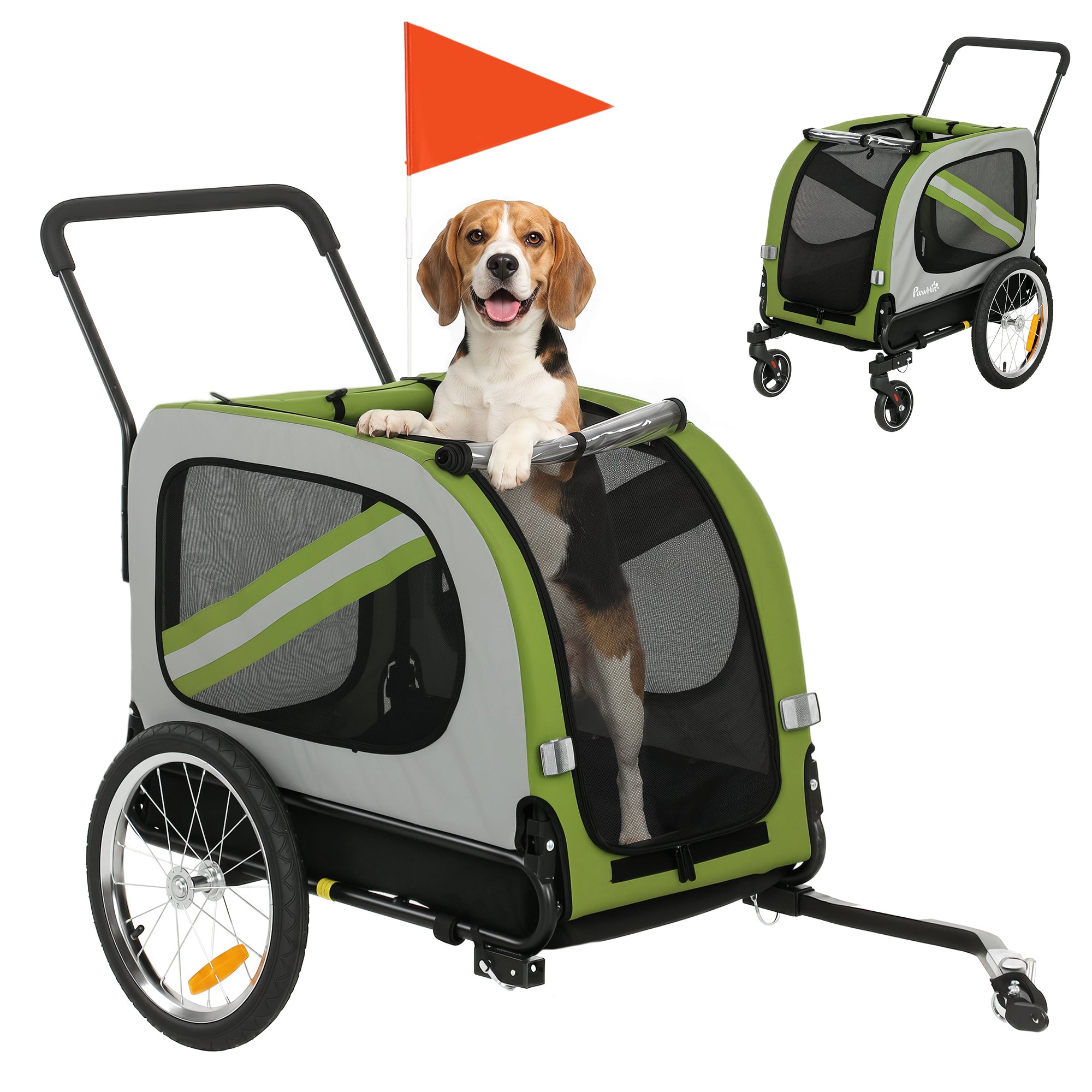 pawhut-remorque-v-lo-chien-2-en-1-avec-poussette-r-flecteurs-et-drapeau-vert image 1