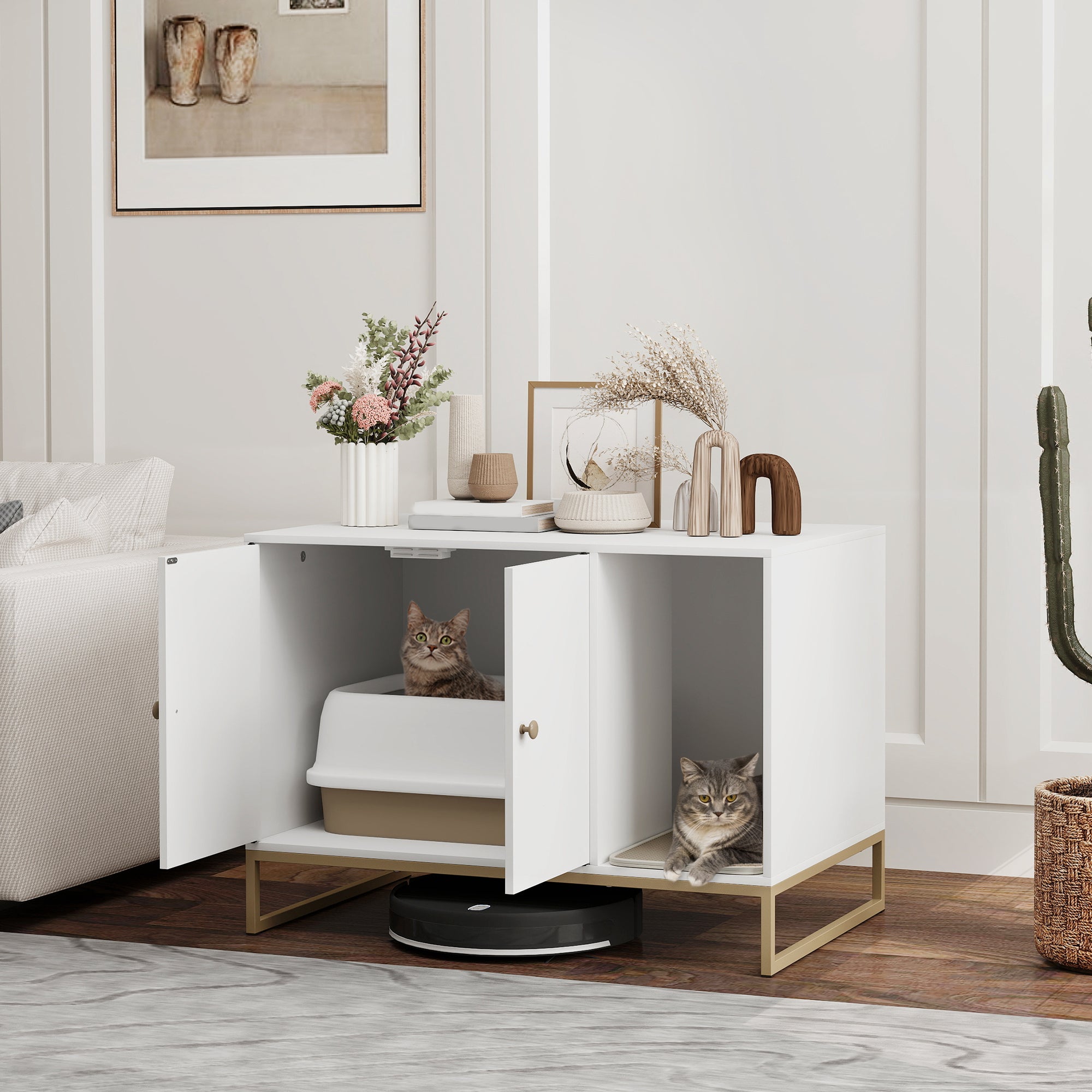 pawhut-meuble-liti-re-chat-cach-e-avec-tapis-et-rangement-blanc image 3