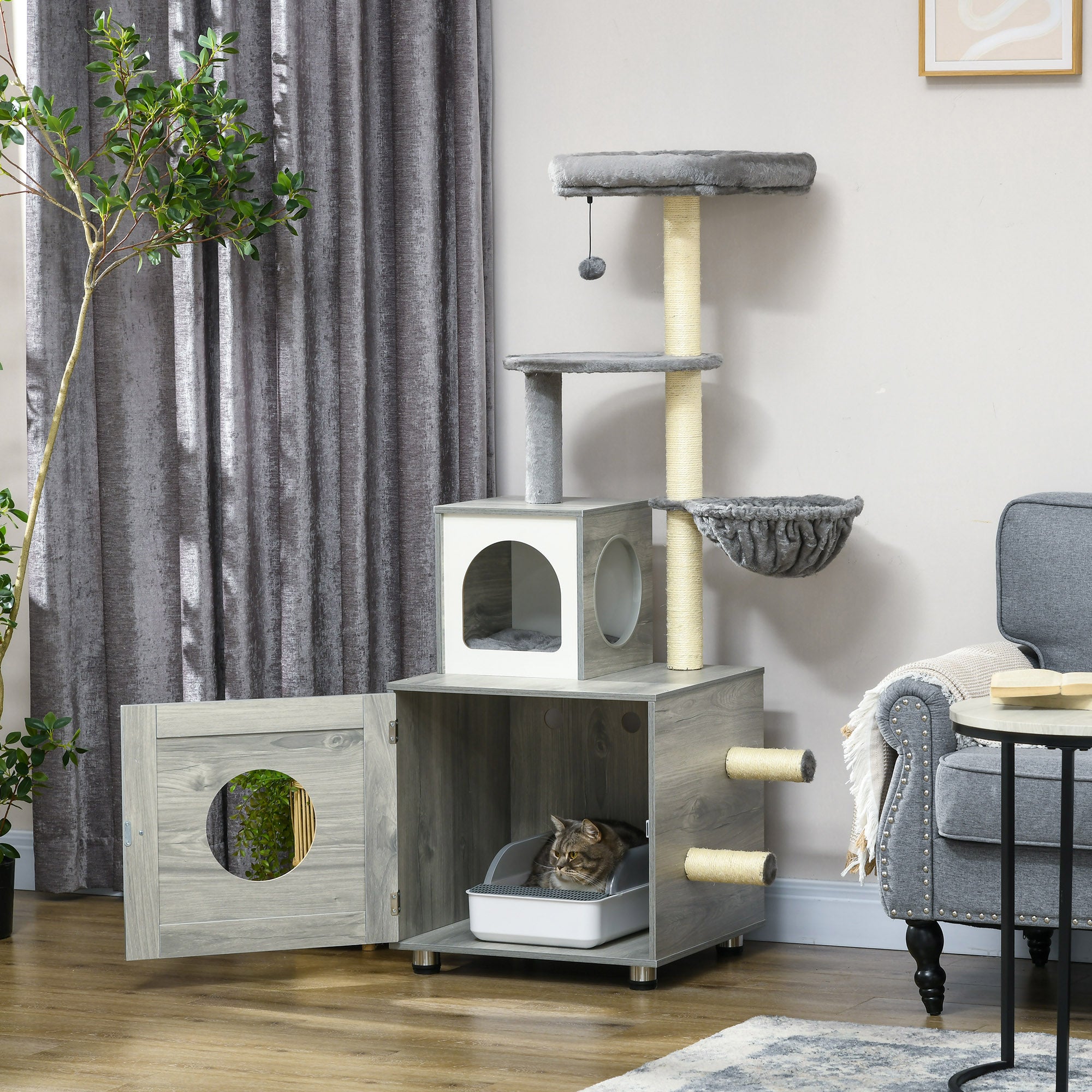 pawhut-arbre-chat-2-en-1-oasis-avec-liti-re-et-griffoirs-gris image 3