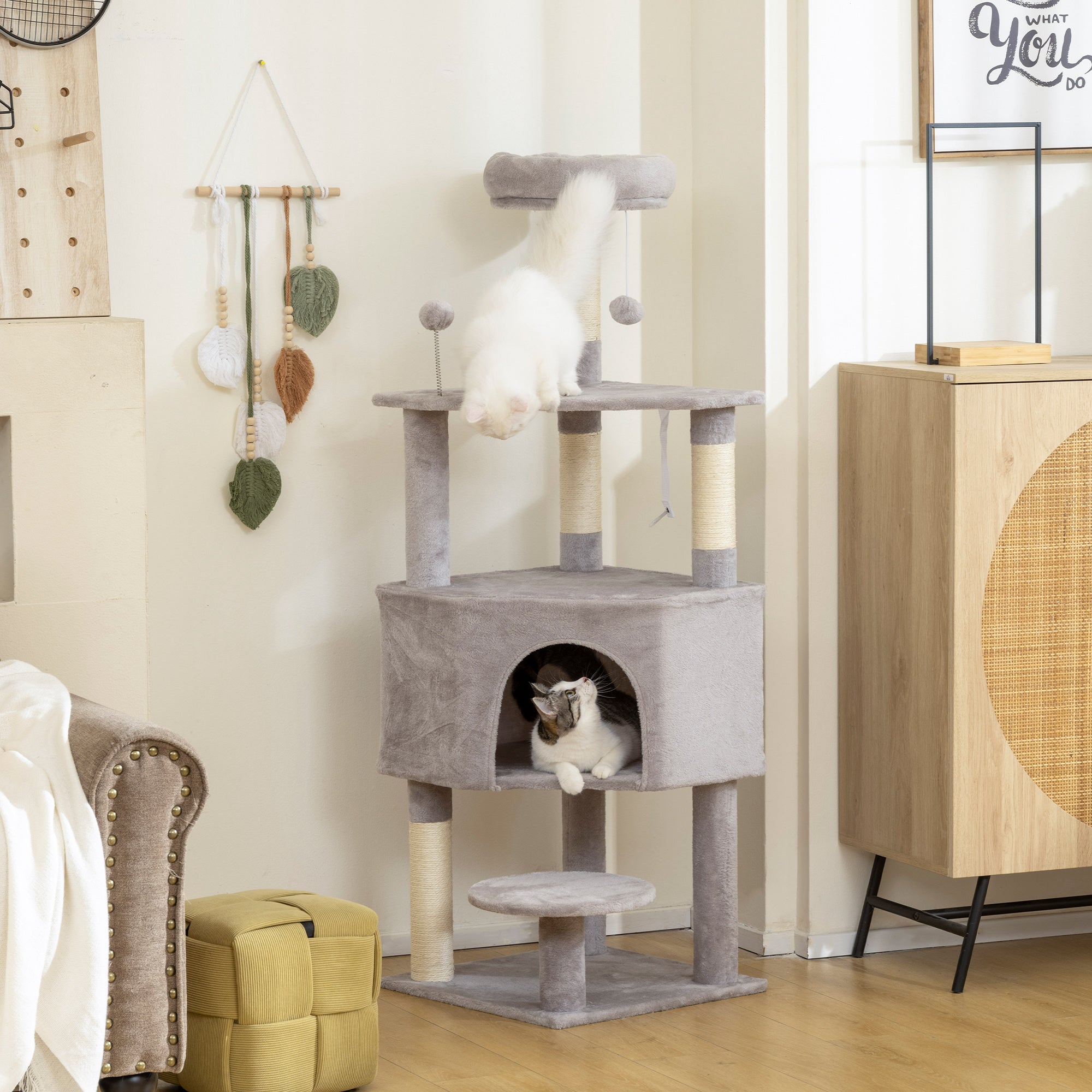 pawhut-arbre-chat-54-avec-niche-perchoir-et-griffoirs-sisal-gris-clair image 3