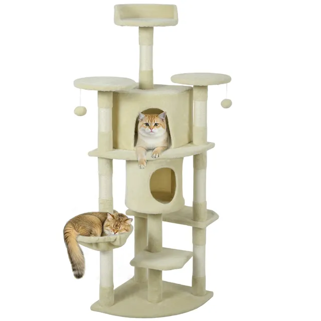 pawhut-arbre-chat-157-cm-avec-2-niches-hamac-et-perchoirs-beige image 1