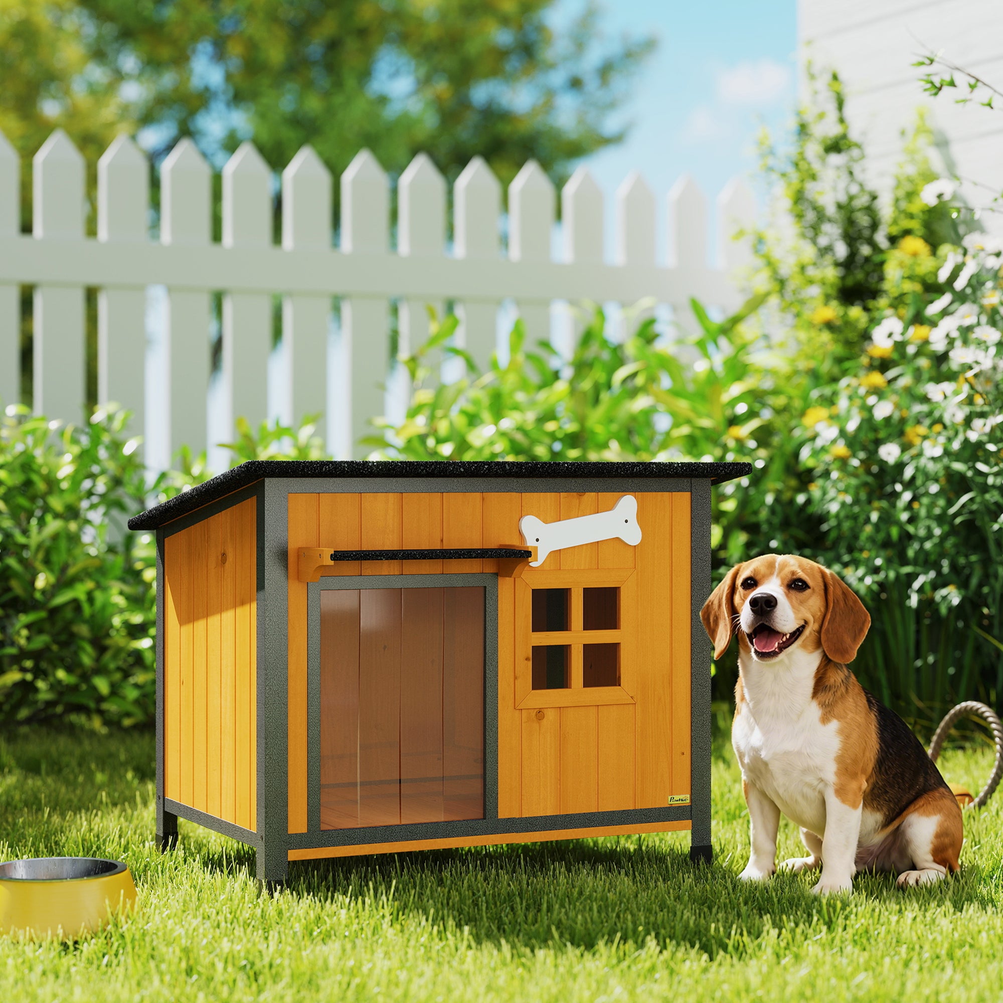 pawhut-niche-pour-chien-armature-acier-avec-toit-ouvrable-jaune image 4