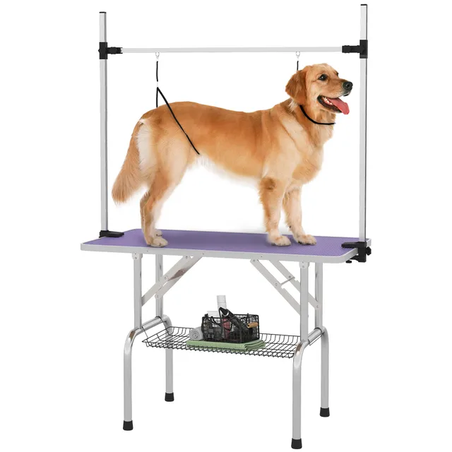 pawhut-table-de-toilettage-pliable-109-cm-bras-r-glable-violet image 1
