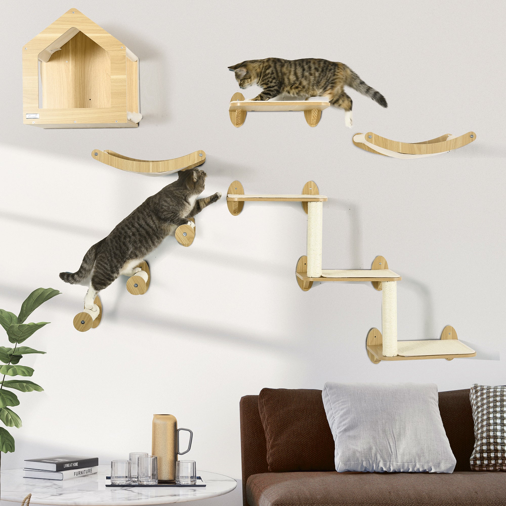 pawhut-ensemble-8-pi-ces-tag-res-murales-pour-chat-avec-niche-3-perchoirs-beige image 3