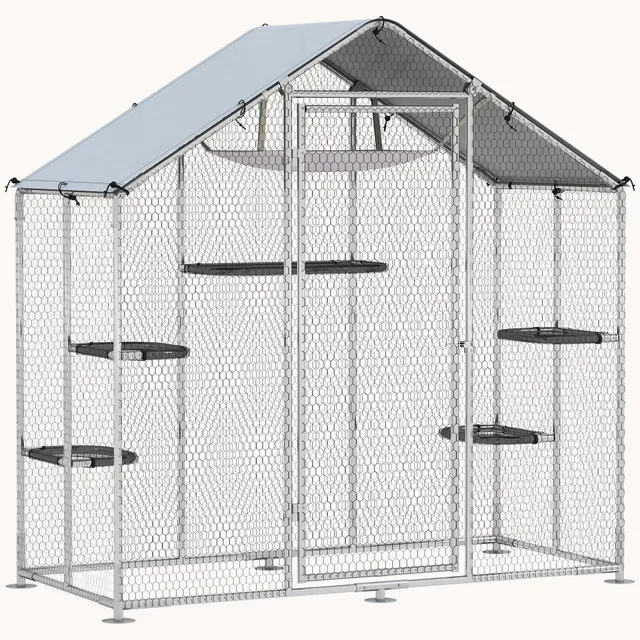 pawhut-catio-enclos-chat-walk-in-m-tal-77-avec-5-plateformes-et-hamac-argent image 1