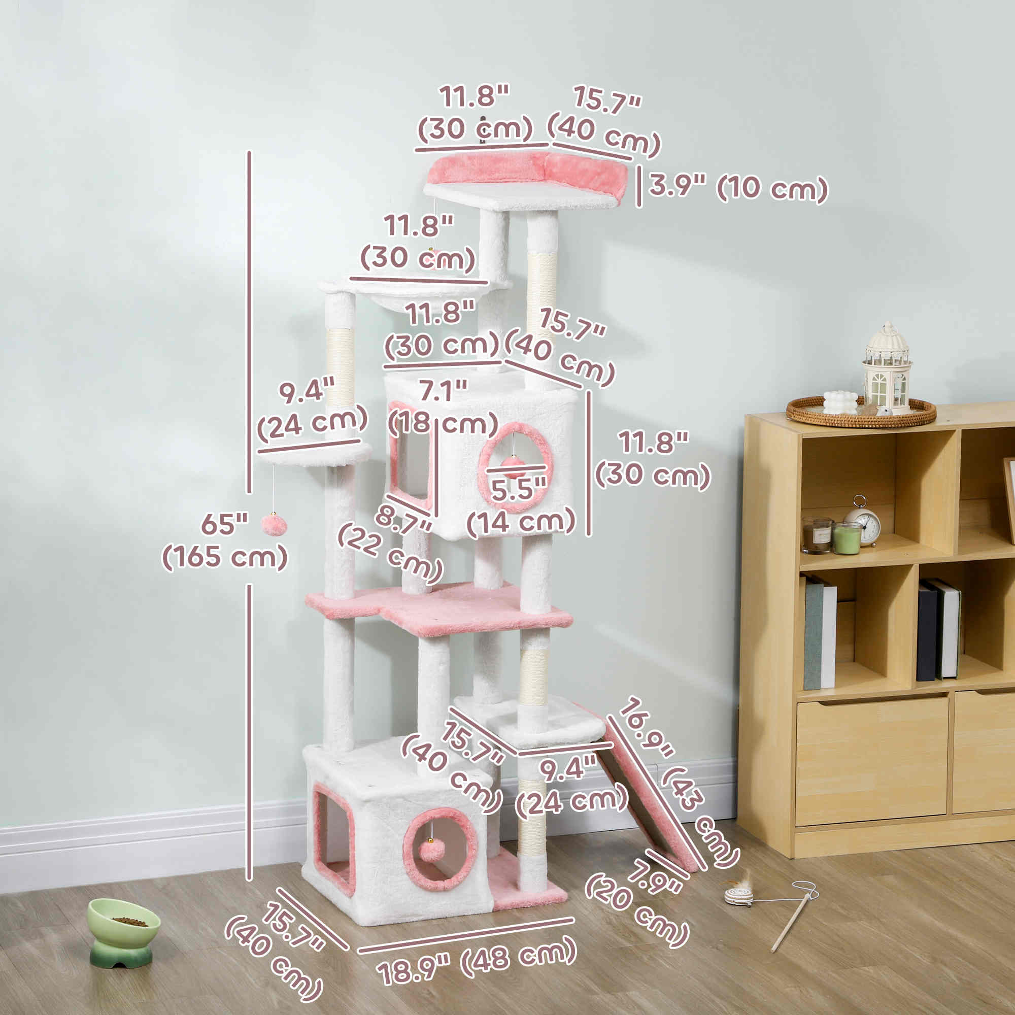 pawhut-arbre-chat-165-cm-blanc-avec-2-niches-hamac-rampe-et-perchoir image 5