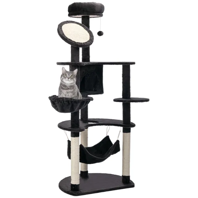 pawhut-arbre-chat-152-cm-avec-niche-2-hamacs-et-griffoirs-gris-fonc image 1