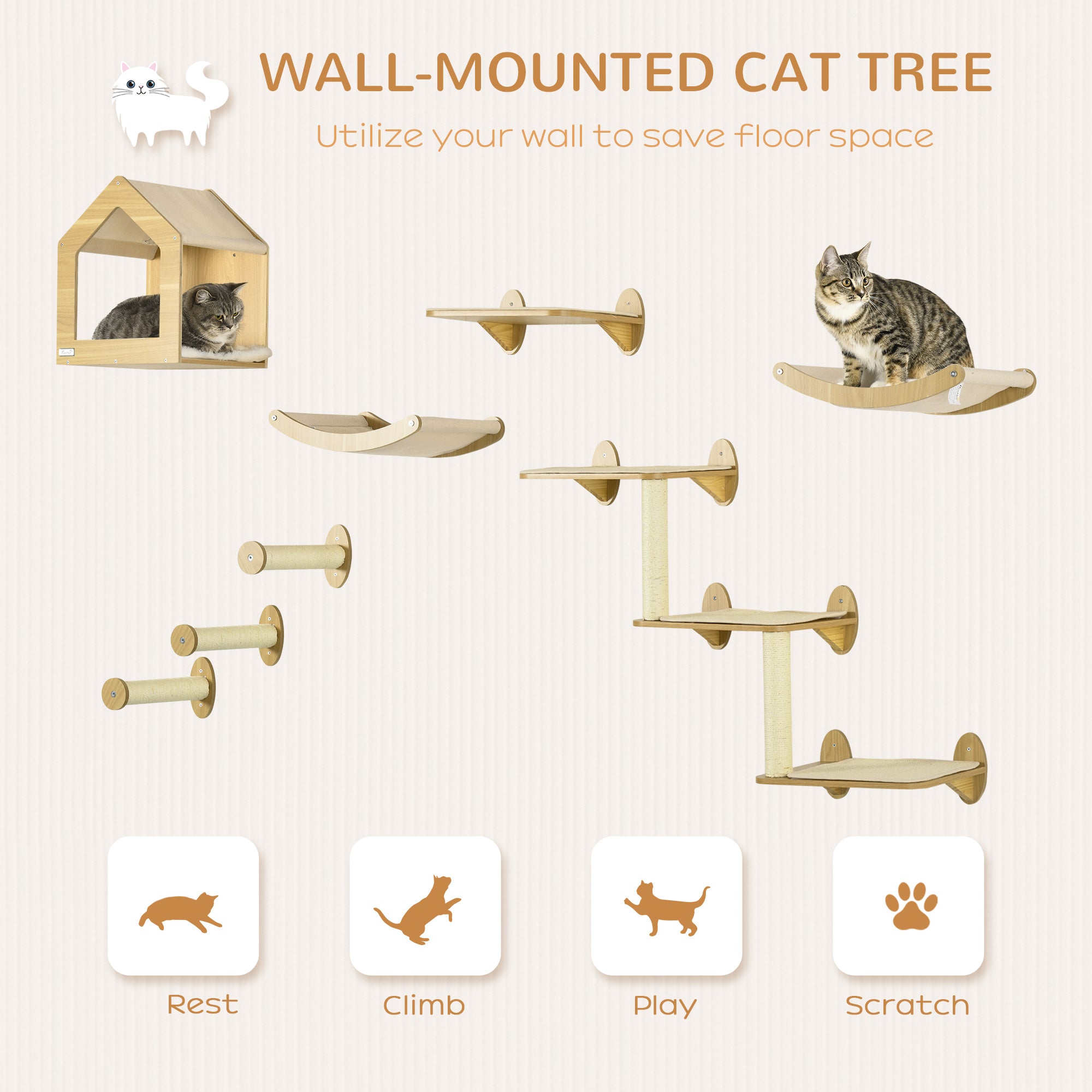 pawhut-ensemble-8-pi-ces-tag-res-murales-pour-chat-avec-niche-3-perchoirs-beige image 6