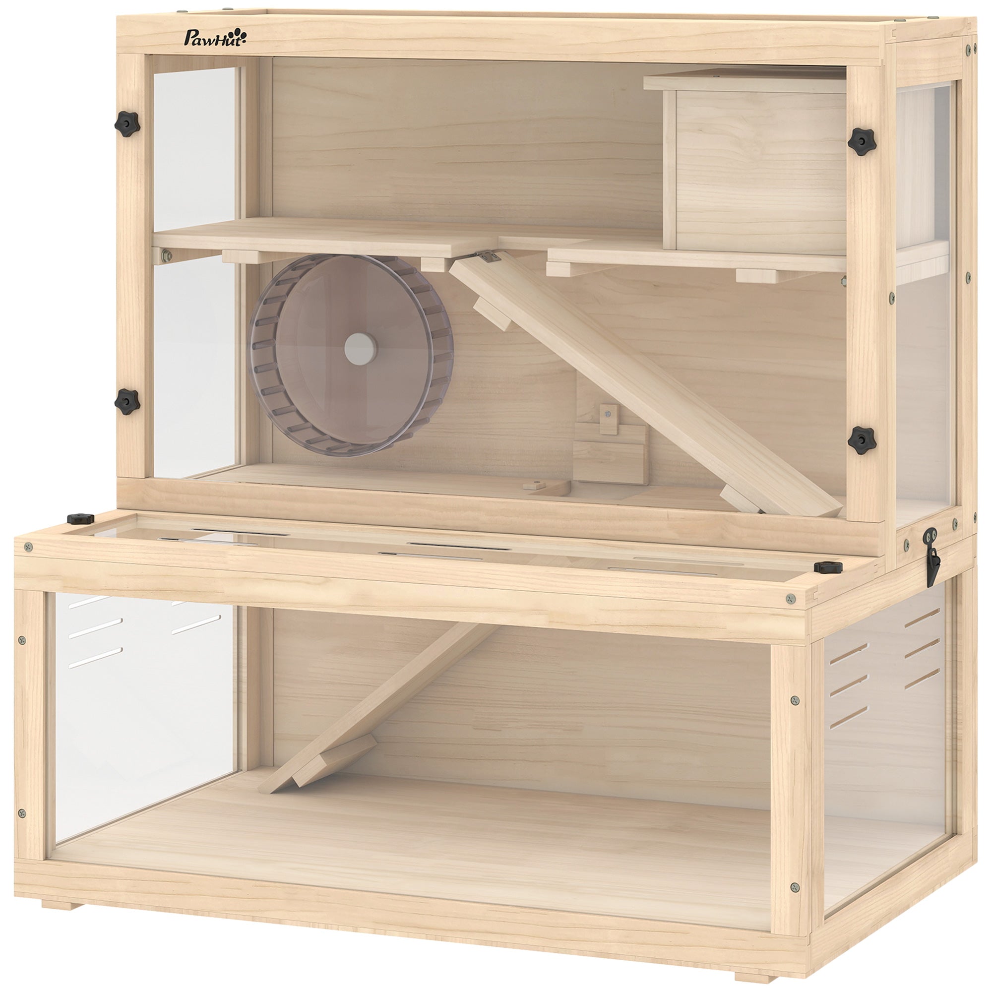 pawhut-cage-hamster-bois-3-tages-avec-cabane-roue-et-rampes-80-x-50-x-84-cm-natu image 2