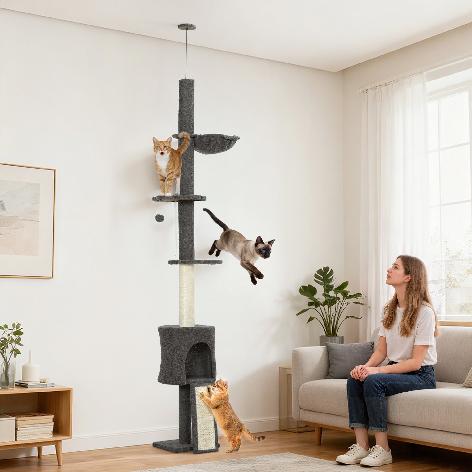 pawhut-arbre-chat-plafond-r-glable-220-240-cm-avec-hamac-gris-fonc image 4