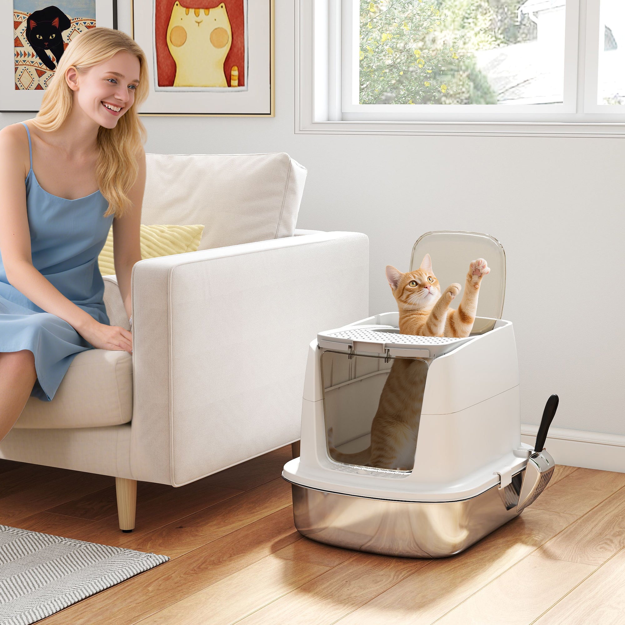 pawhut-bac-liti-re-pour-chat-avec-capot-en-inox-avec-pelle-et-d-sodorisant-blanc image 4