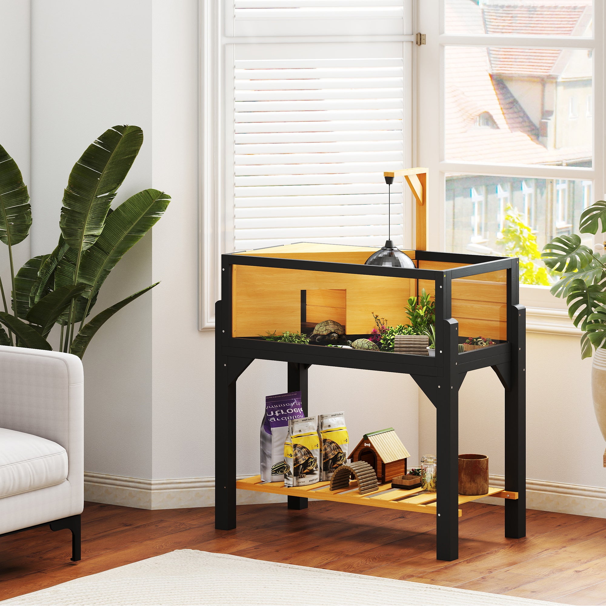 pawhut-habitat-pour-tortue-en-bois-avec-tag-re-de-rangement-et-support-de-lampe- image 3