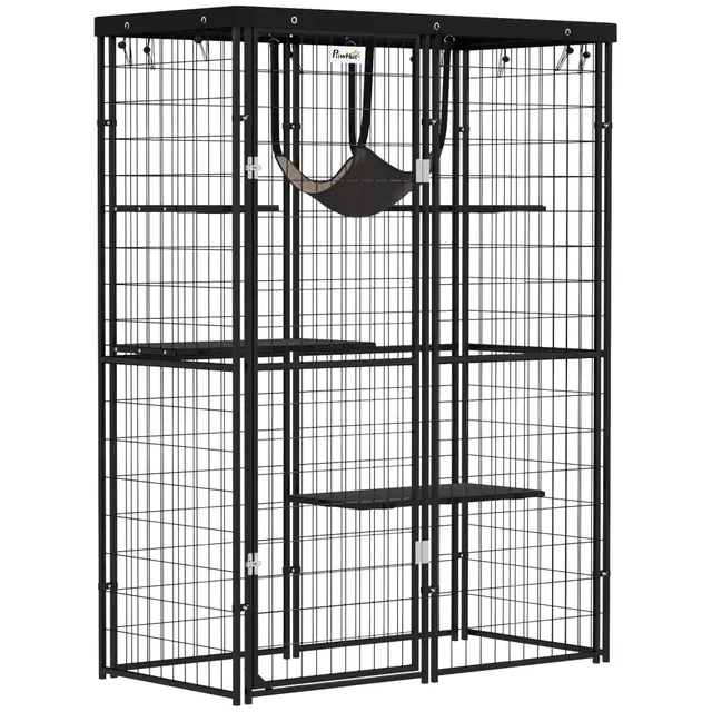 pawhut-catio-enclos-ext-rieur-pour-chat-noir-avec-4-plateformes-hamac-et-housse image 1