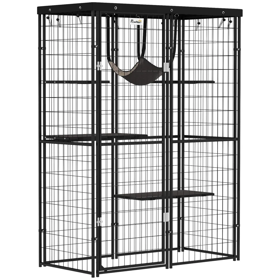 pawhut-catio-enclos-ext-rieur-pour-chat-noir-avec-4-plateformes-hamac-et-housse image 1
