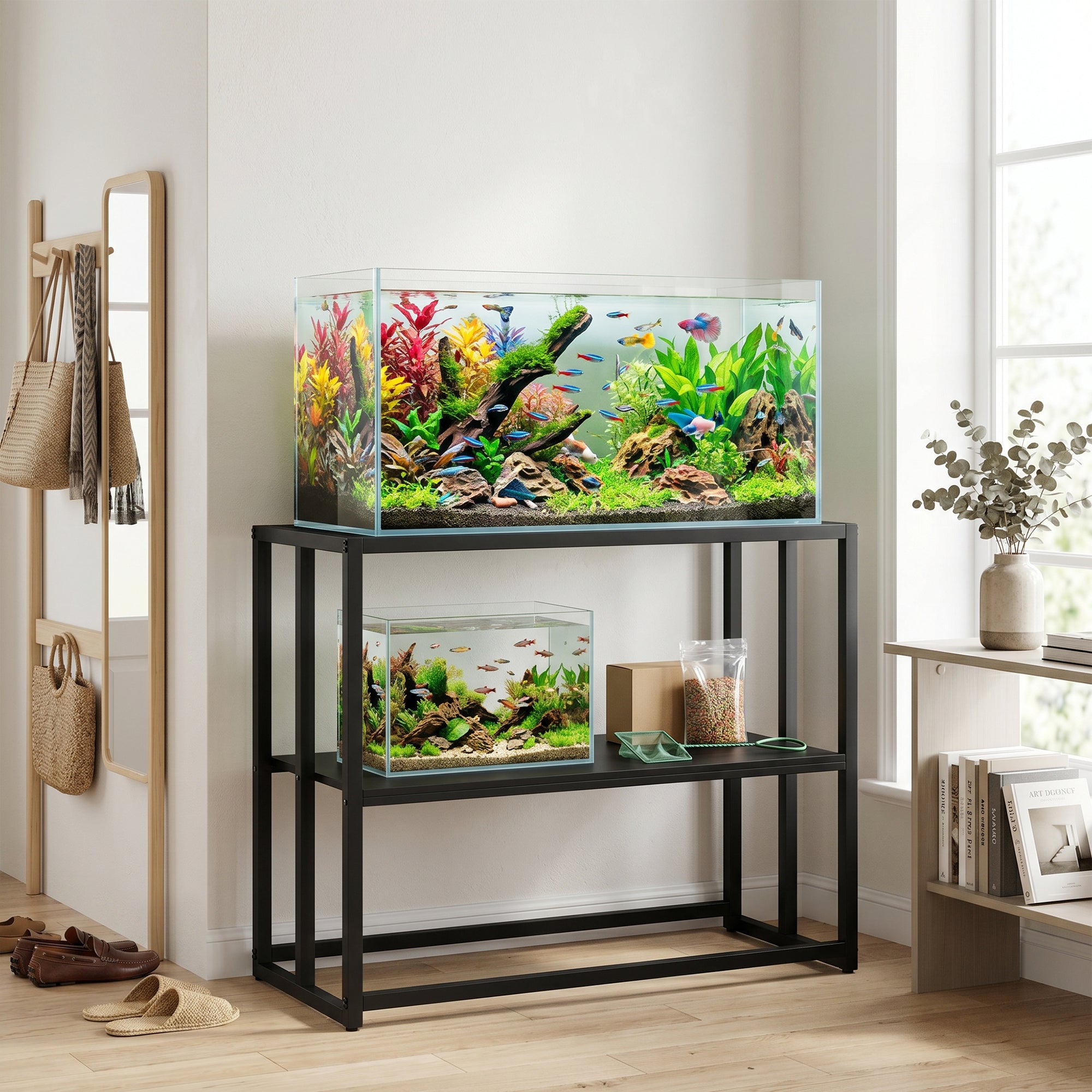 pawhut-meuble-support-aquarium-40-gallons-acier-avec-tag-re-93-x-47-x-76-cm-noir image 3