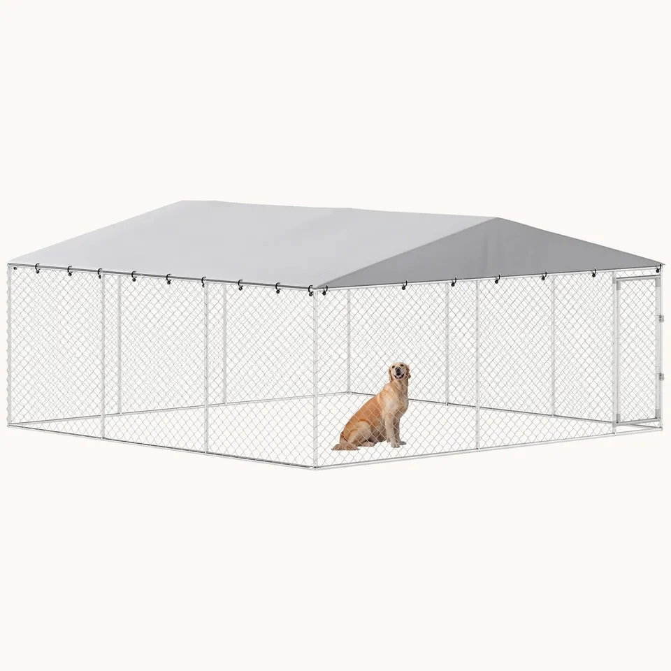 pawhut-chenil-ext-rieur-pour-chien-4-5-x-4-5-m-avec-toit-imperm-able-argent image 1