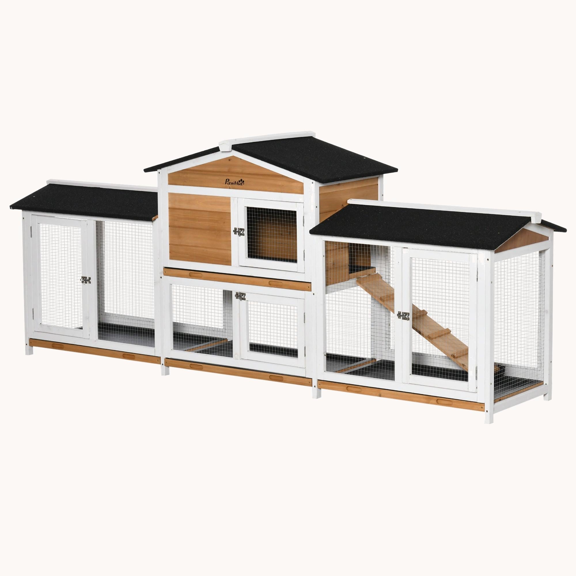 pawhut-clapier-lapin-en-bois-230-cm-double-enclos-avec-rampes-blanc image 1