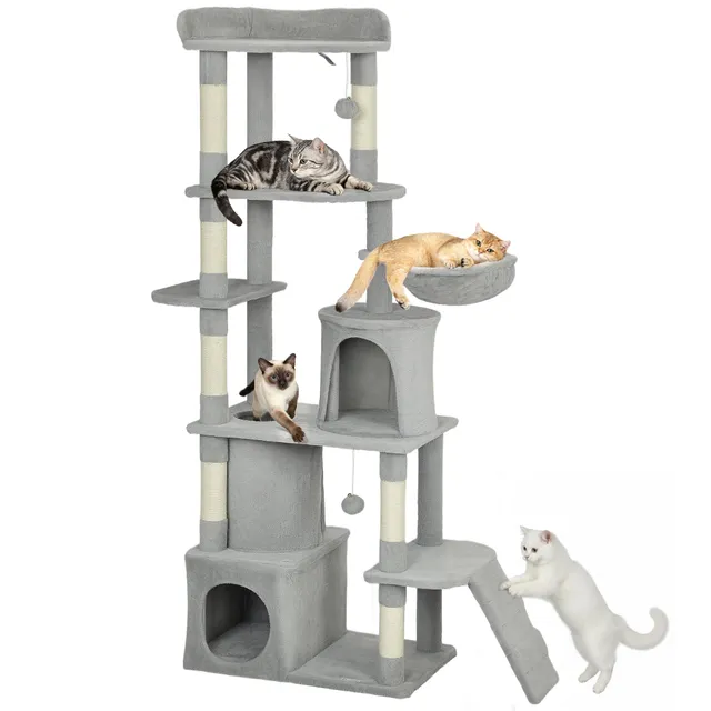 pawhut-grand-arbre-chat-67-7-griffoirs-tunnel-2-niches-hamac-gris-clair image 1