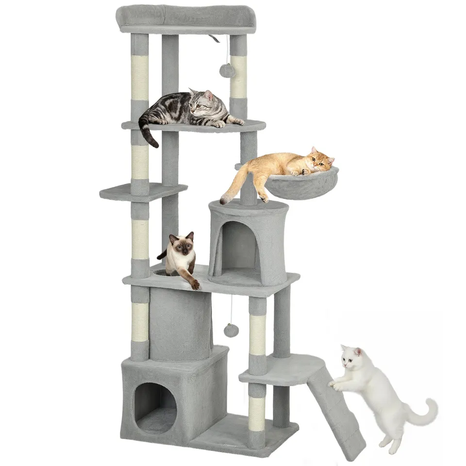 pawhut-grand-arbre-chat-67-7-griffoirs-tunnel-2-niches-hamac-gris-clair image 1