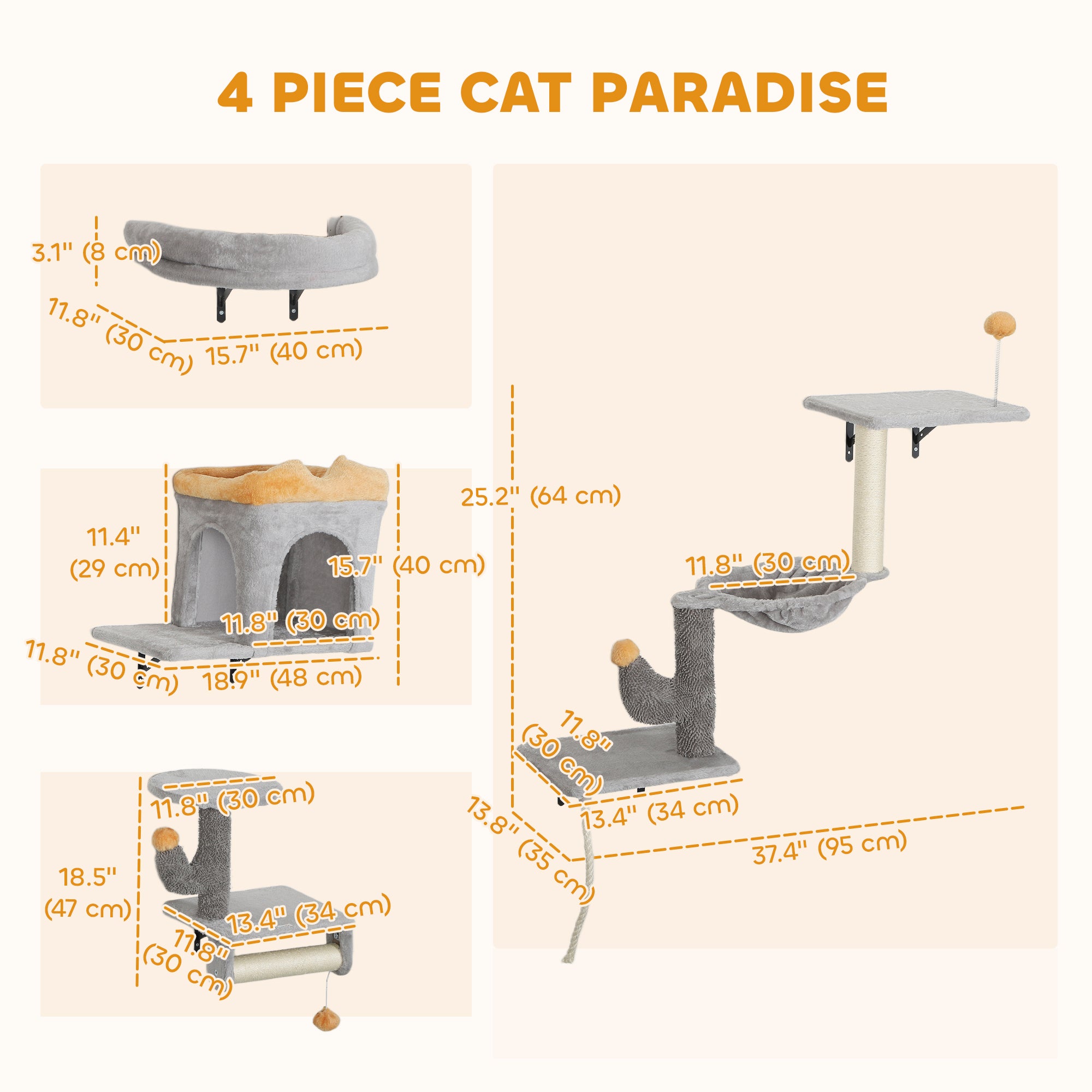 pawhut-parcours-mural-chat-4-pi-ces-niche-hamac-lit-gris-clair image 5