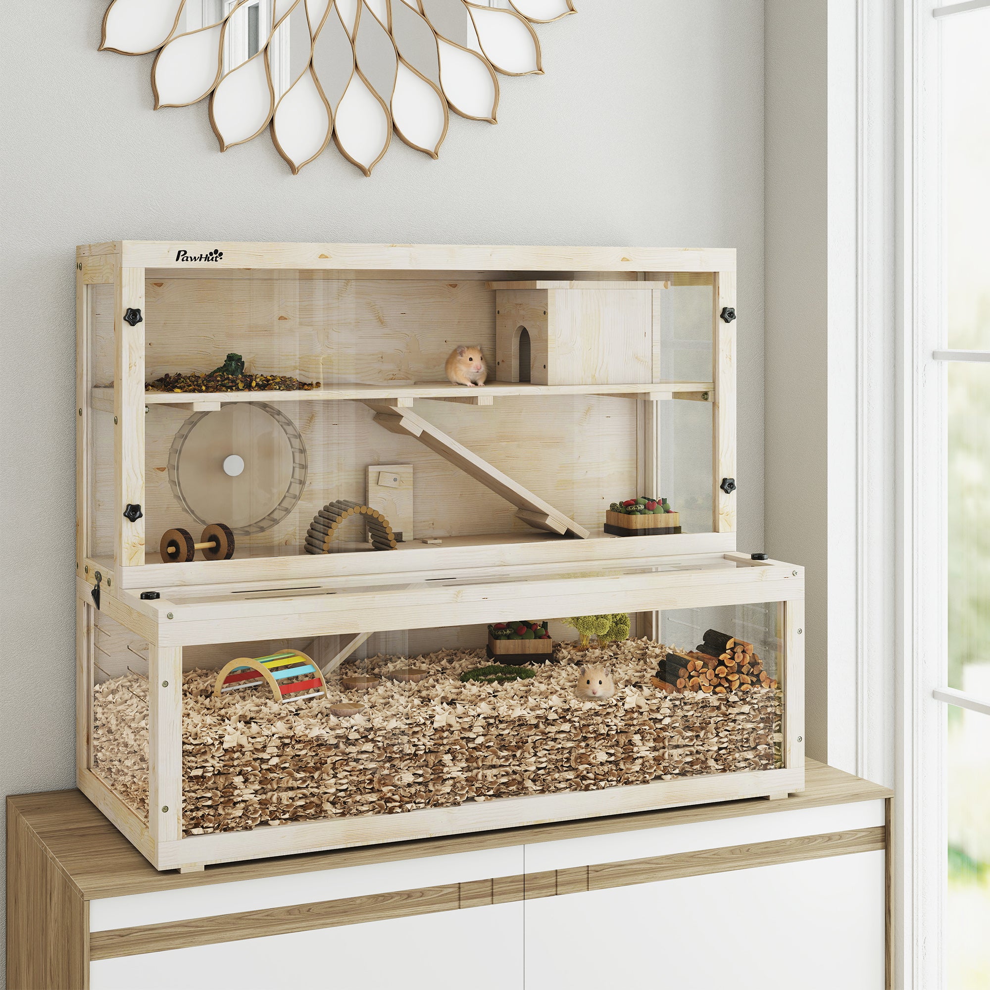 pawhut-cage-hamster-bois-3-tages-100-x-50-x-84-cm-avec-roue image 4