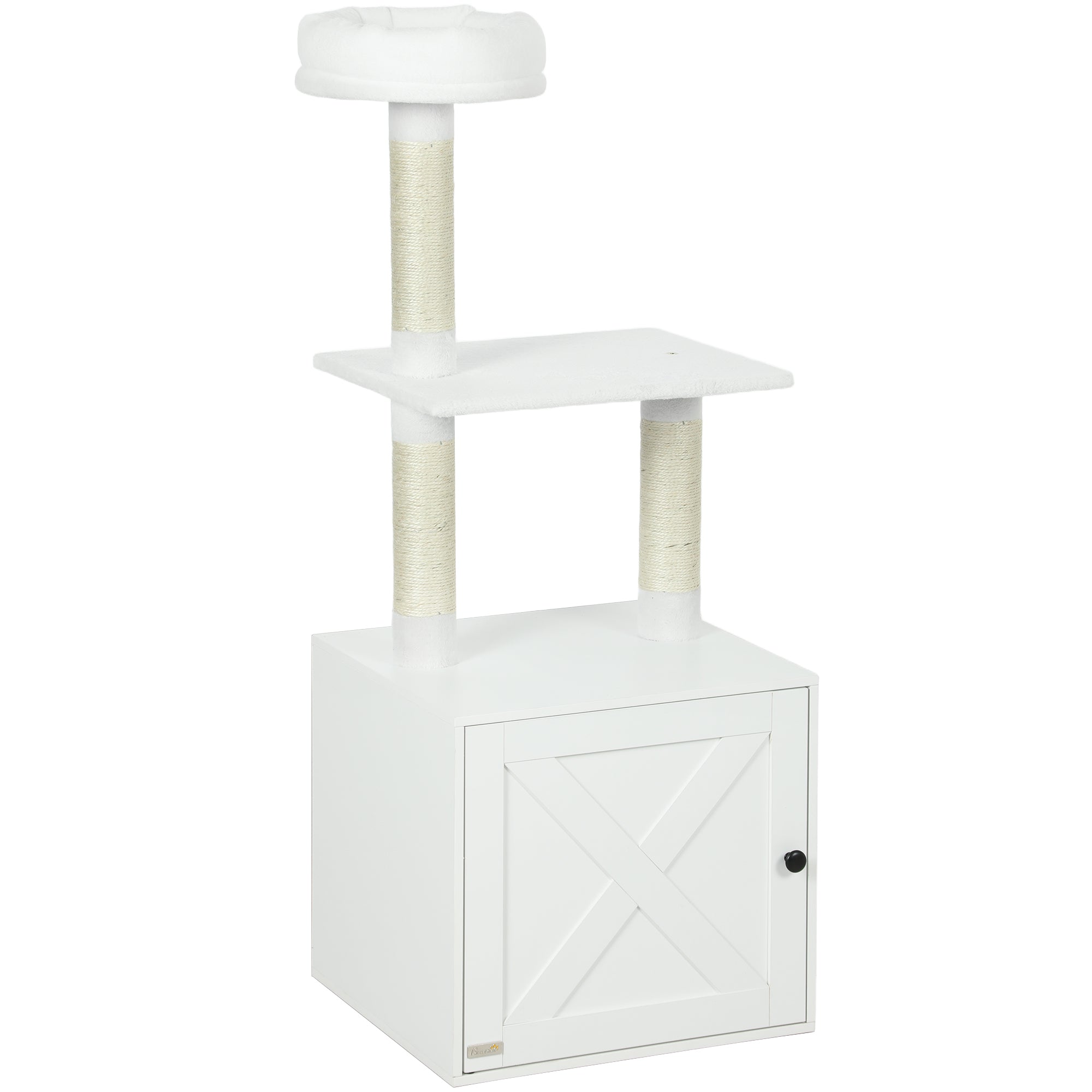 pawhut-arbre-chat-avec-meuble-liti-re-cach-e-et-griffoirs-blanc image 2