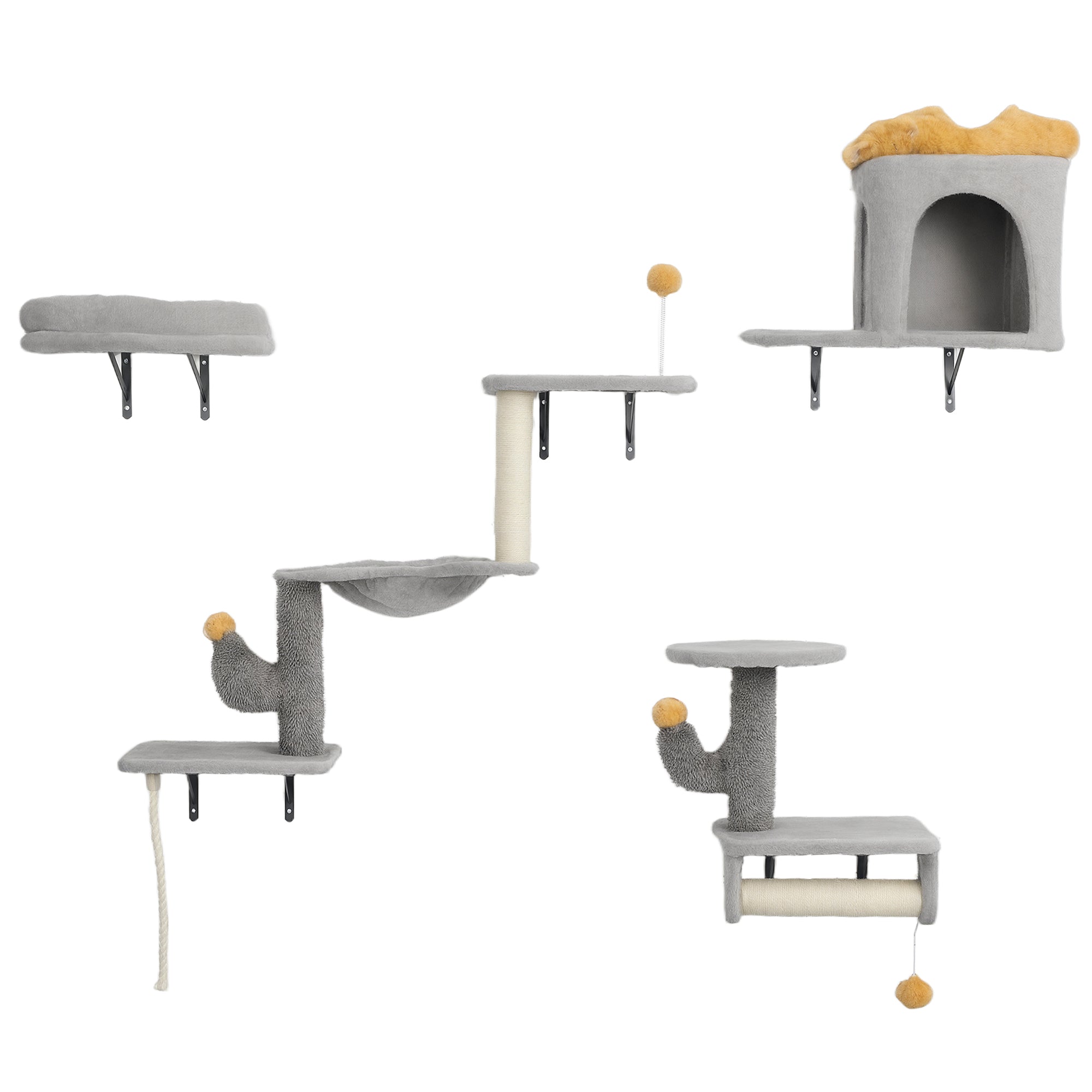 pawhut-parcours-mural-chat-4-pi-ces-niche-hamac-lit-gris-clair image 2