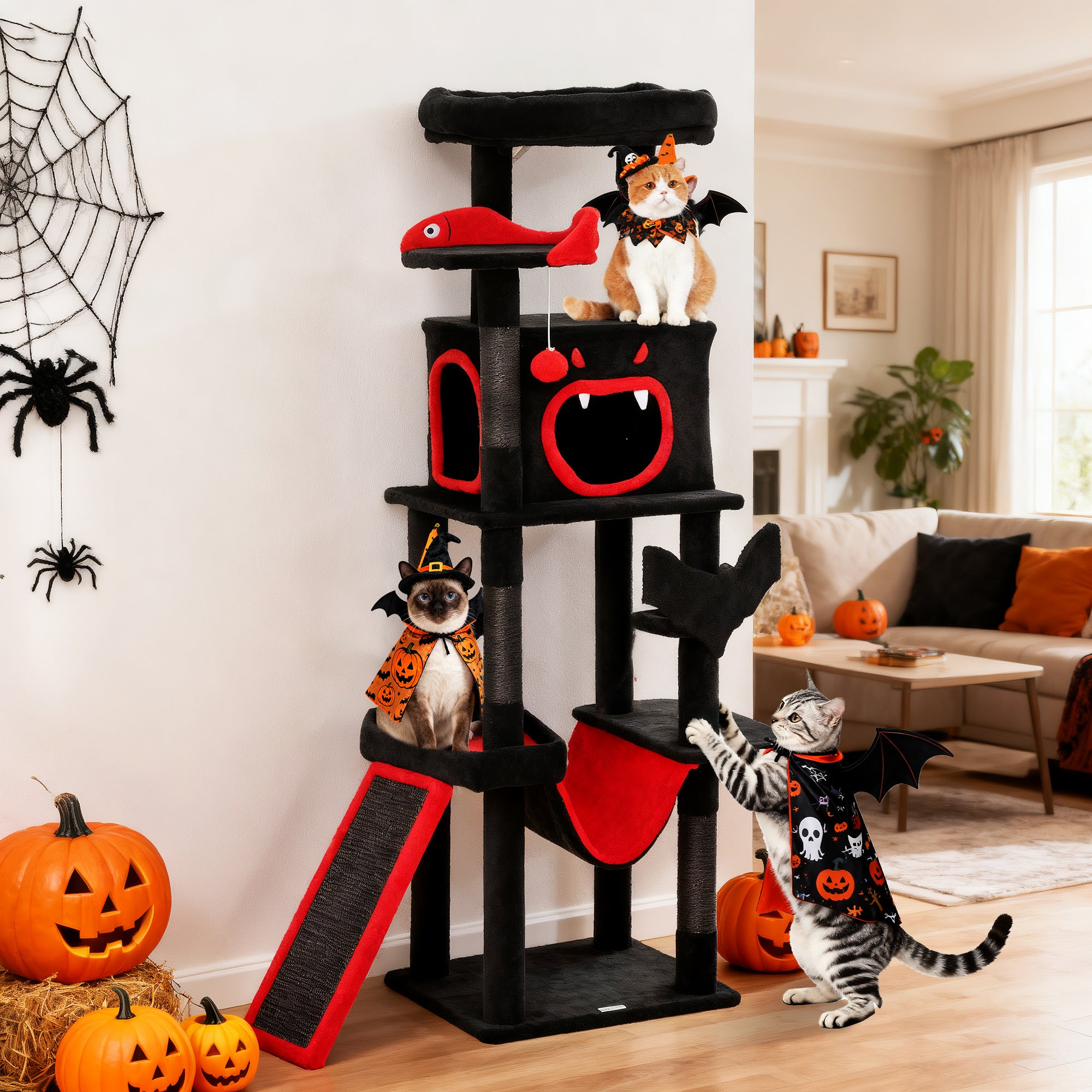 pawhut-arbre-chat-gothique-halloween-hideaway-152-cm-noir-et-rouge image 3