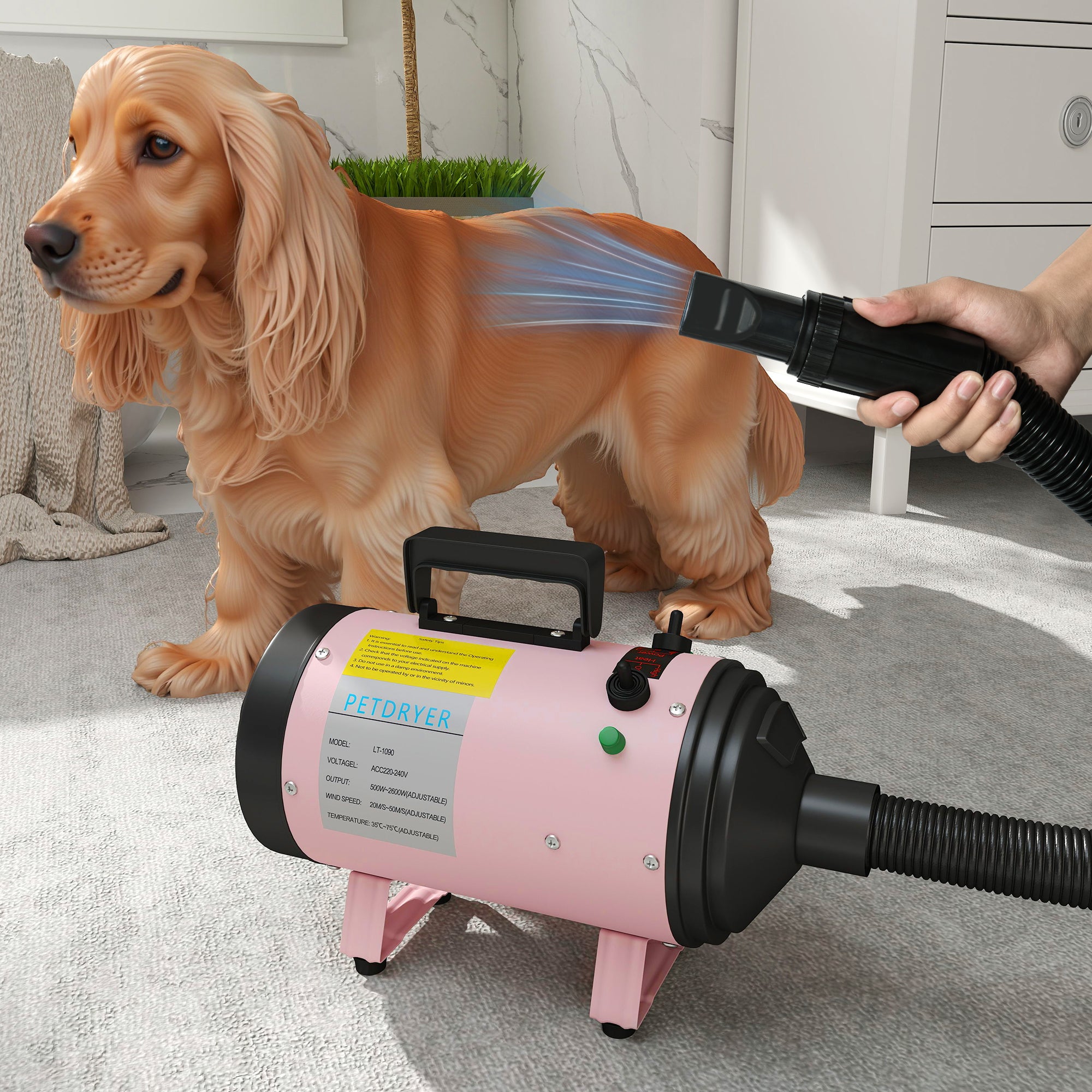 pawhut-s-che-cheveux-chien-2200w-temp-rature-r-glable-silencieux-3-embouts-rose image 3