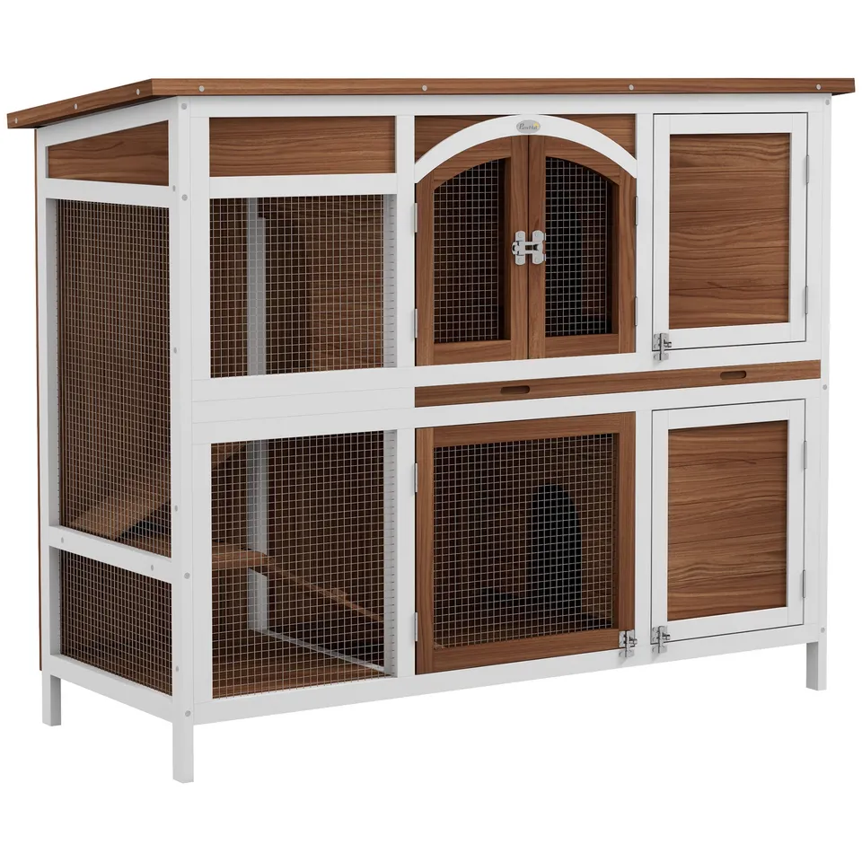pawhut-clapier-lapin-2-tages-avec-rampe-s-parateur-et-tiroir-marron image 1