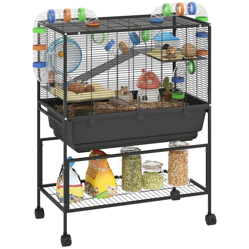 pawhut-cage-3-niveaux-color-e-pour-petit-animal-avec-tubes-roue-et-rangement image 1
