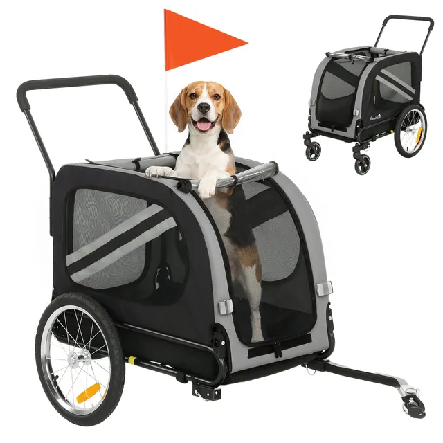 pawhut-remorque-v-lo-et-poussette-2-en-1-pour-chien-moyen-avec-r-flecteurs-gris image 1