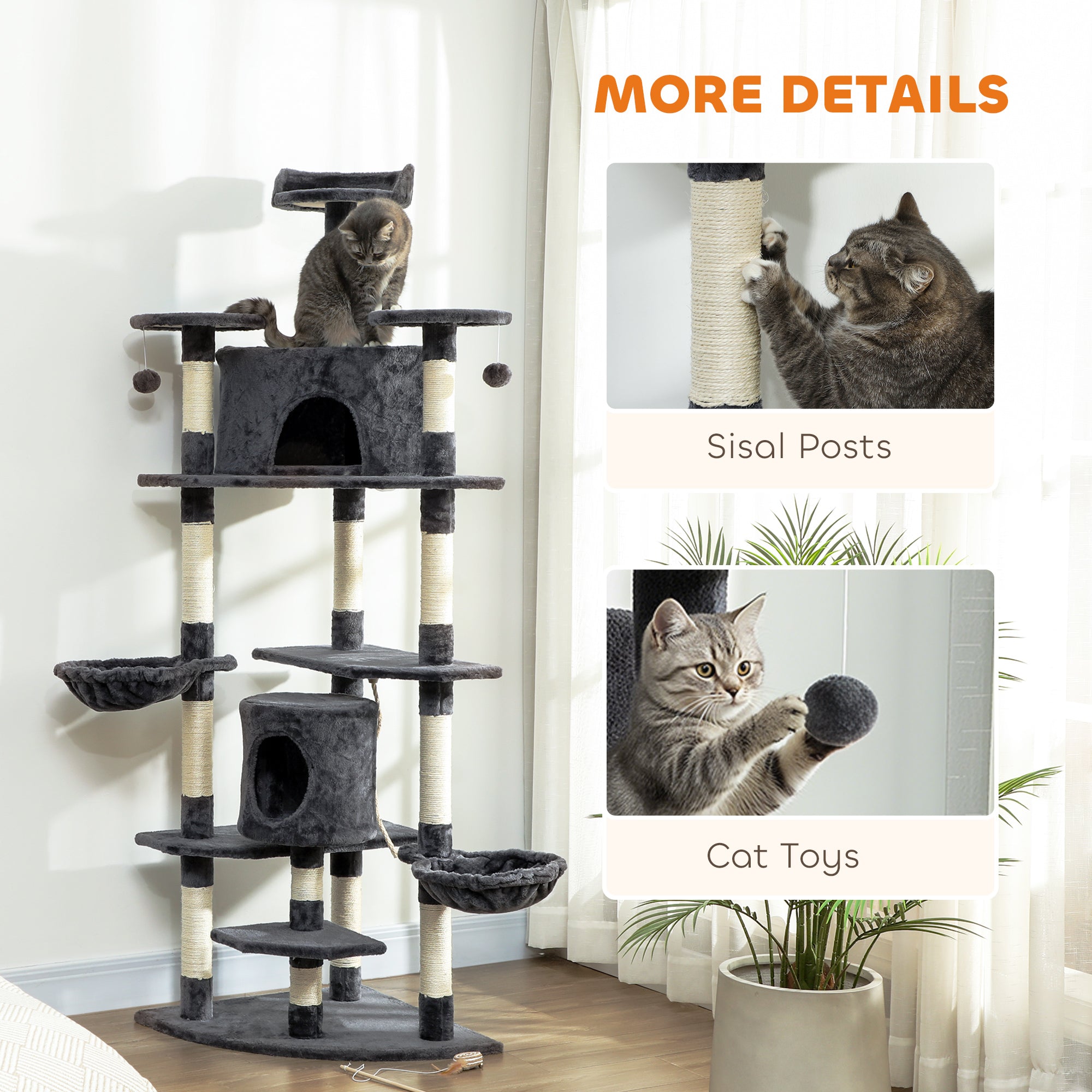 pawhut-arbre-chat-tour-200-cm-avec-niche-2-hamacs-gris-fonc image 7