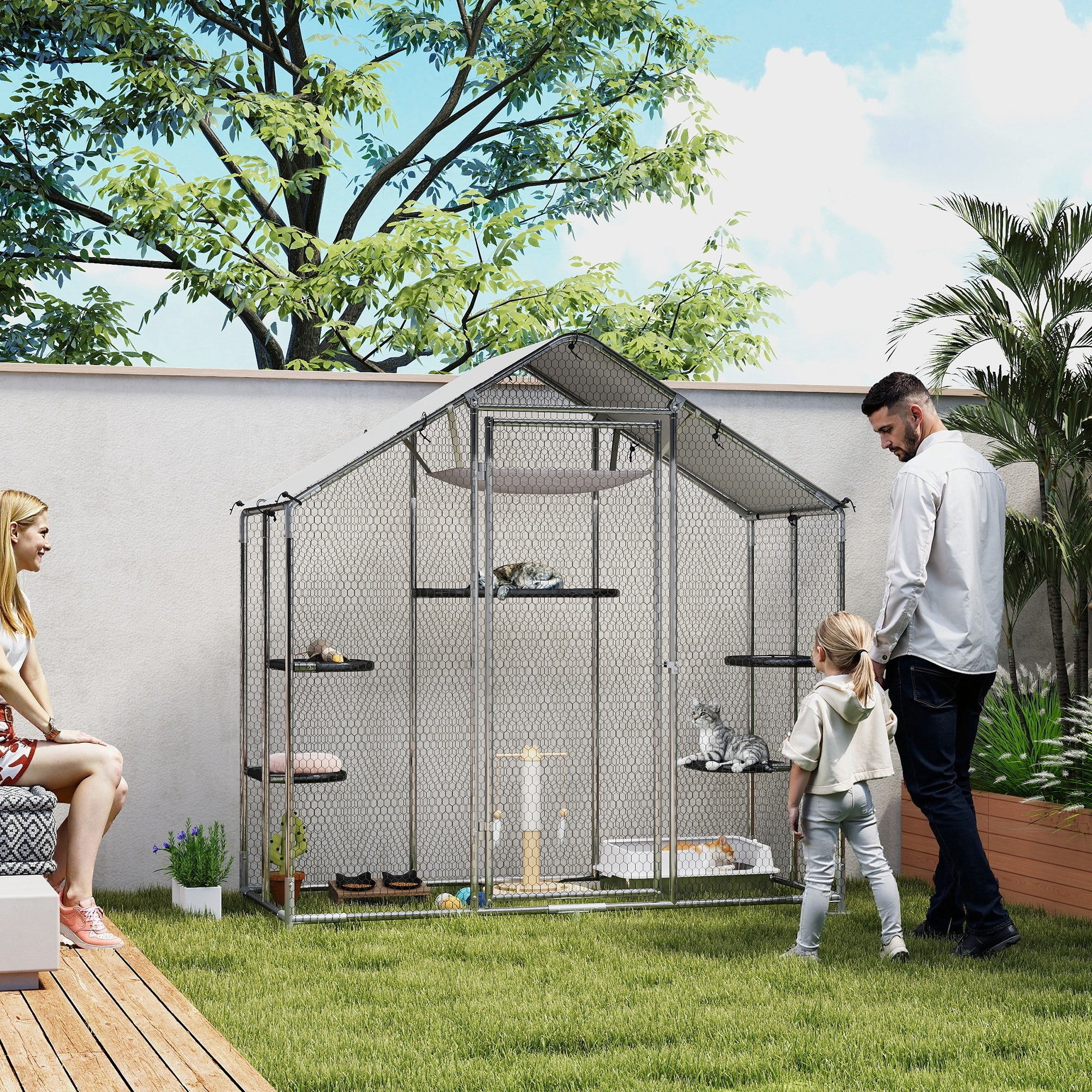 pawhut-catio-enclos-chat-walk-in-m-tal-77-avec-5-plateformes-et-hamac-argent image 3