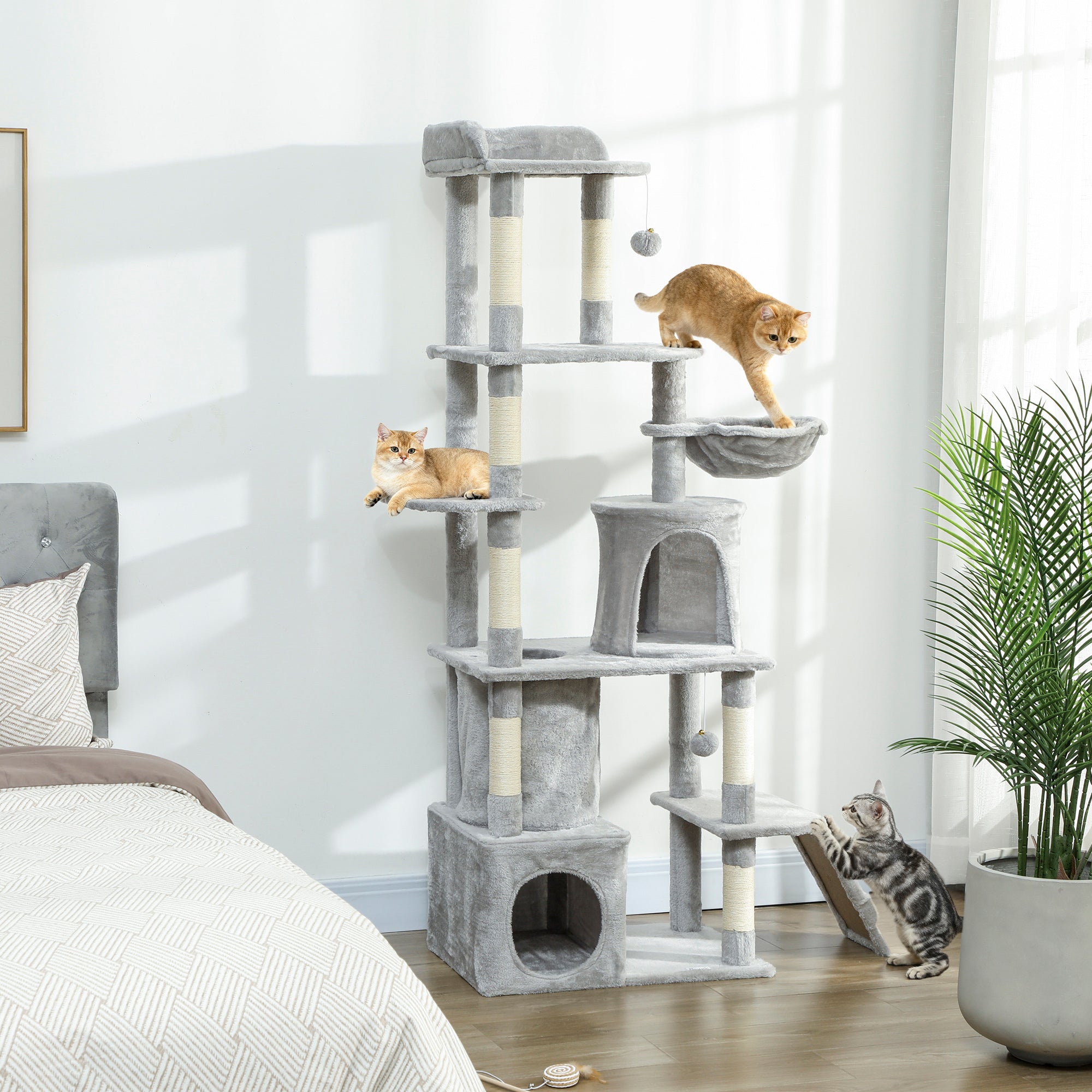pawhut-grand-arbre-chat-67-7-griffoirs-tunnel-2-niches-hamac-gris-clair image 4