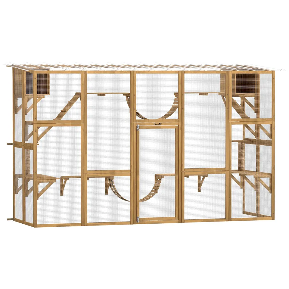 pawhut-enclos-ext-rieur-pour-chats-avec-toit-imperm-able-300-x-95-x-188-cm-jaune image 1