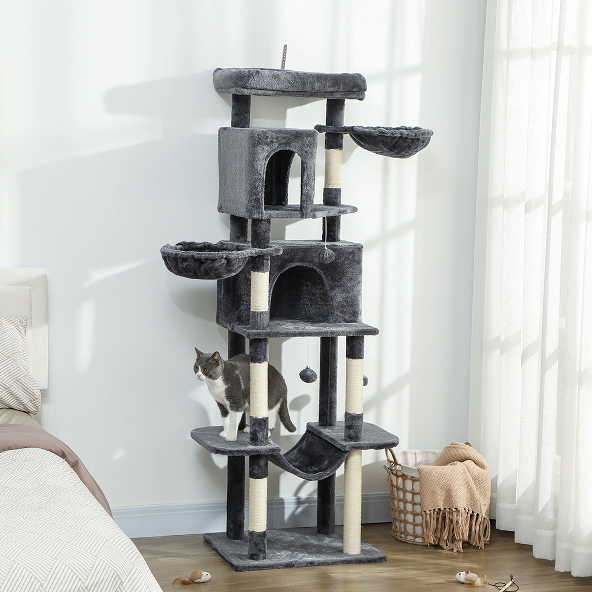 pawhut-arbre-chat-175-cm-avec-2-niches-3-hamacs-et-perchoirs-gris-fonc image 3