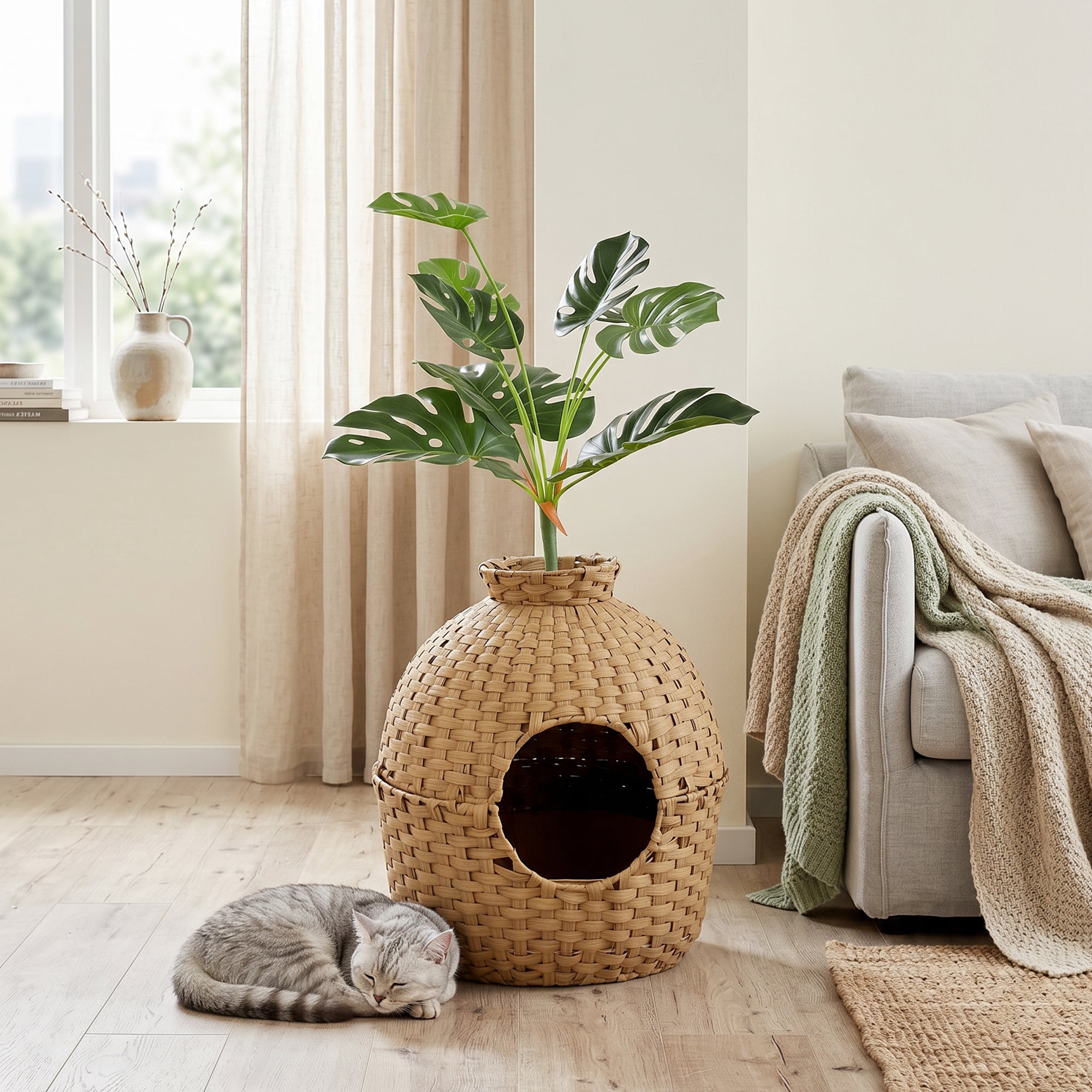 pawhut-meuble-liti-re-chat-cach-e-avec-fausse-plante-et-bac-inox image 4