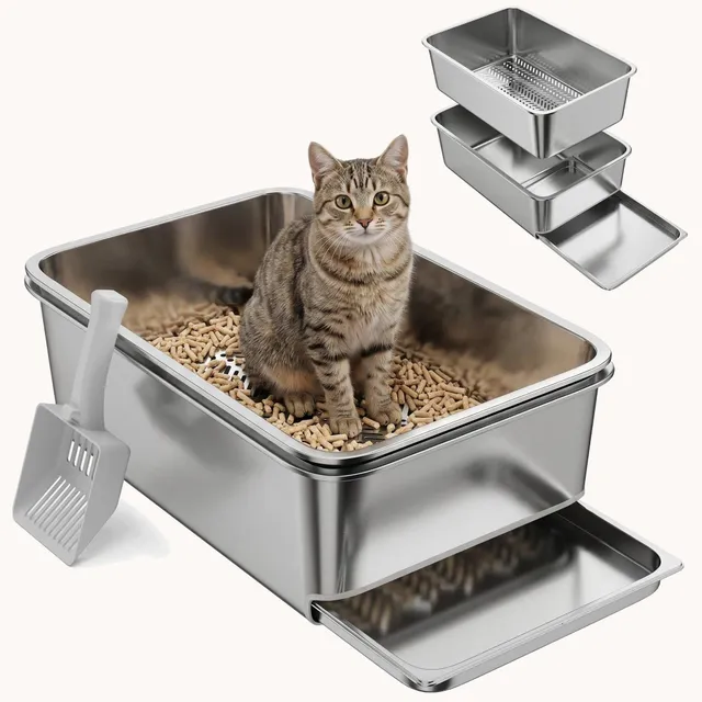 pawhut-bac-liti-re-pour-chat-tamisant-xl-en-acier-inoxydable-bords-hauts-argent image 1