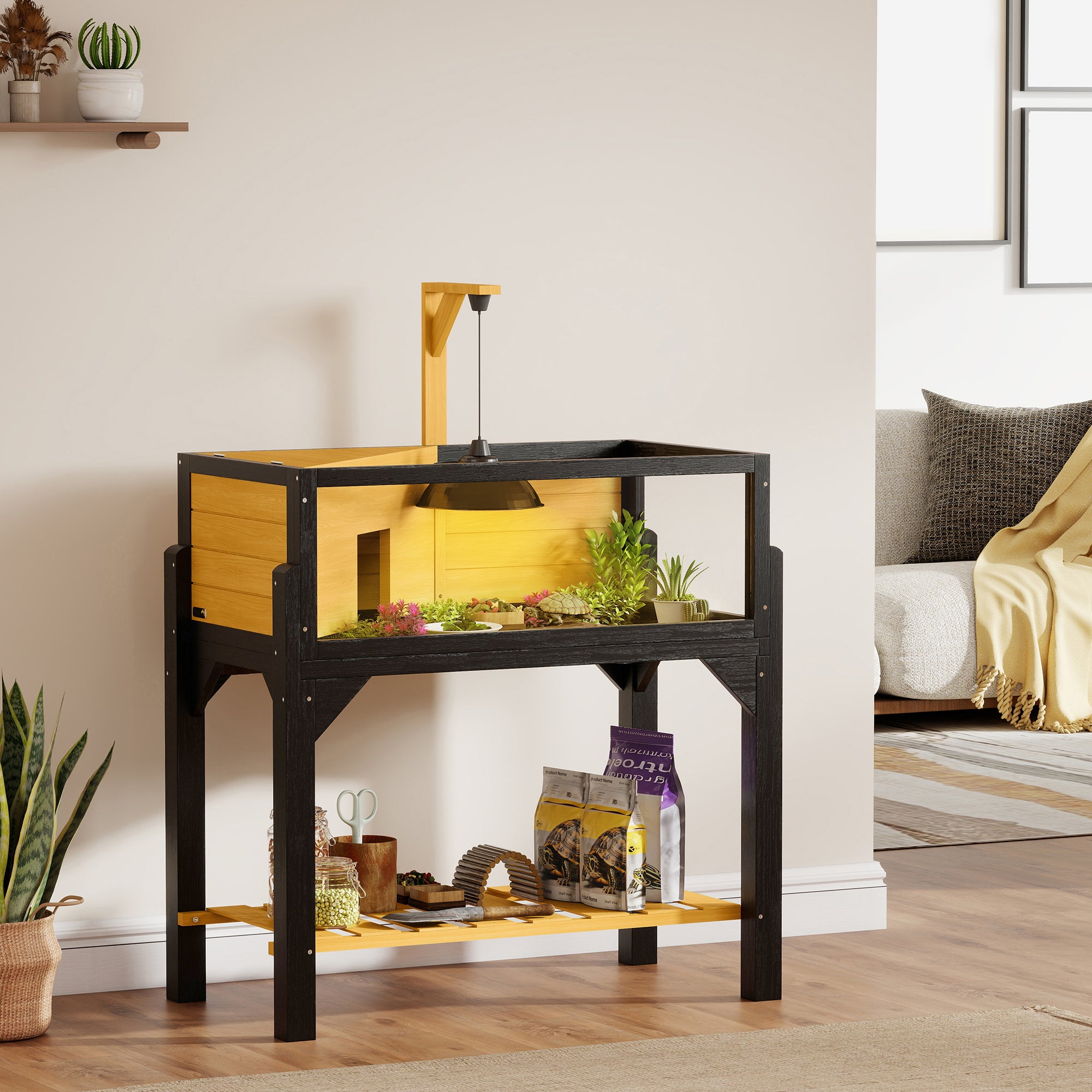 pawhut-habitat-pour-tortue-en-bois-avec-tag-re-de-rangement-et-support-de-lampe- image 4