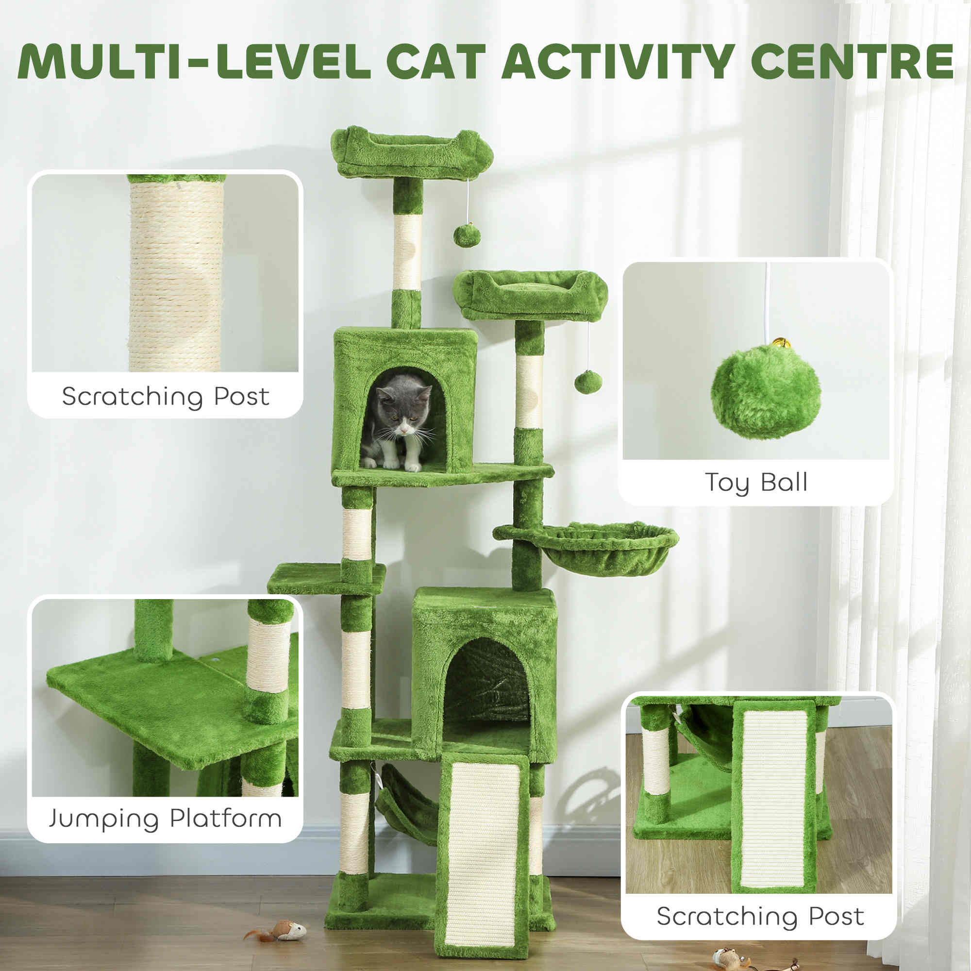 pawhut-arbre-chat-177-cm-avec-2-niches-2-perchoirs-et-hamac-vert image 6