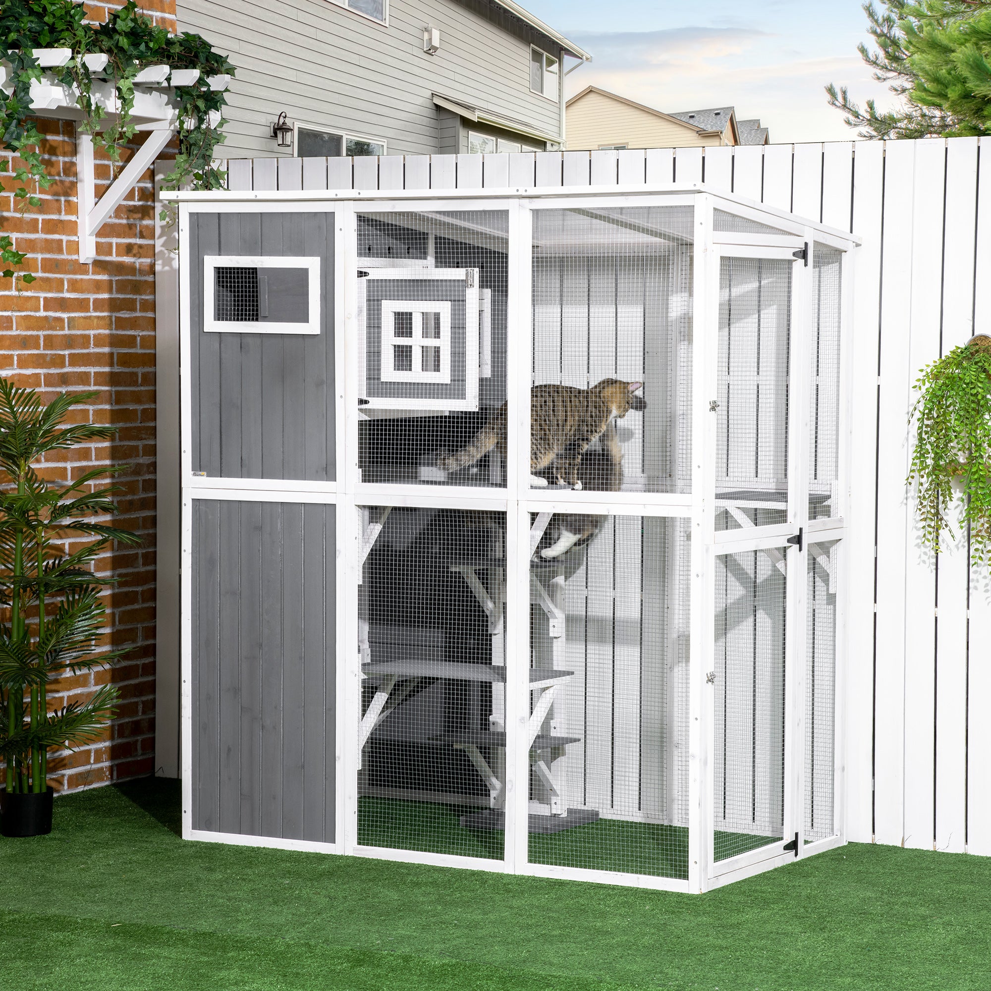 pawhut-catio-en-bois-walk-in-66-5-pouces-avec-condo-plateformes-et-toit-pvc-gris image 3