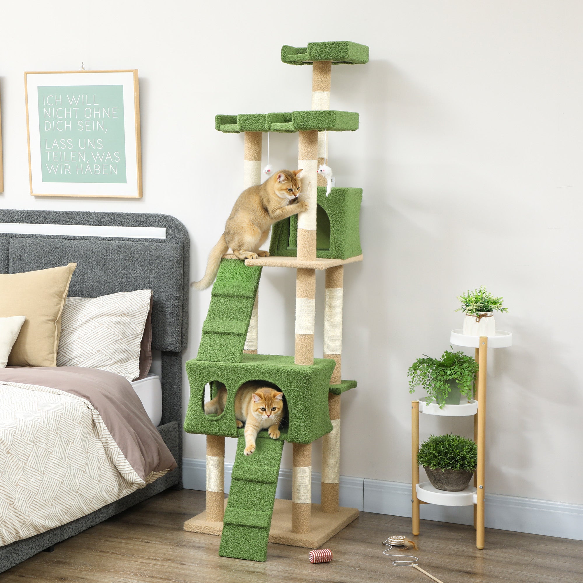 pawhut-arbre-chat-68-avec-2-niches-perchoirs-et-griffoirs-vert image 4
