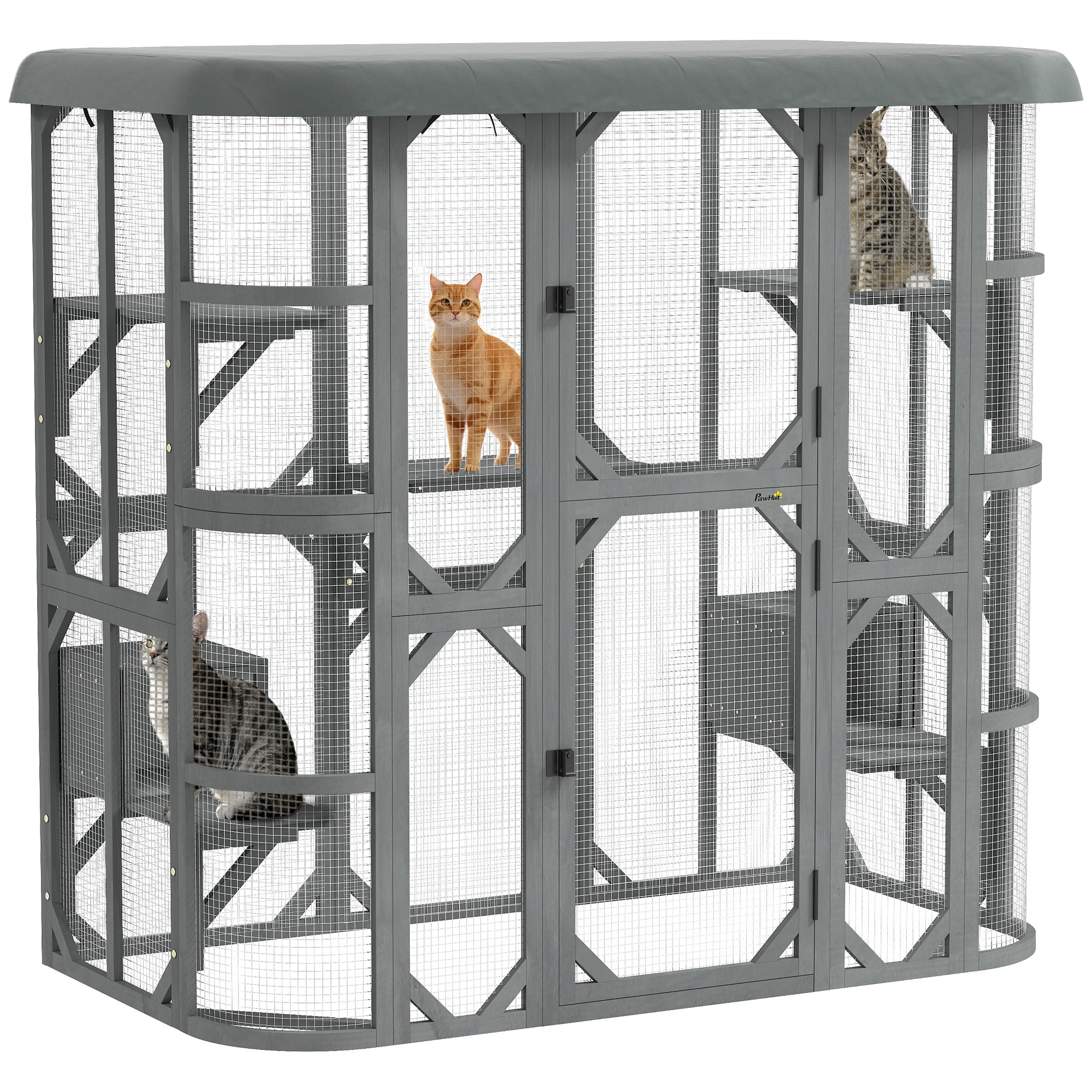 pawhut-catio-enclos-ext-rieur-chat-gris-walk-in-avec-2-niches-5-plateformes-et-h image 1