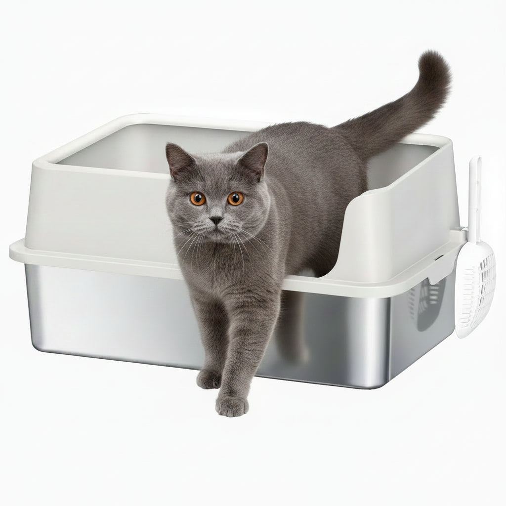 pawhut-bac-liti-re-chat-xl-inox-avec-couvercle-et-pelle-gris-clair image 1