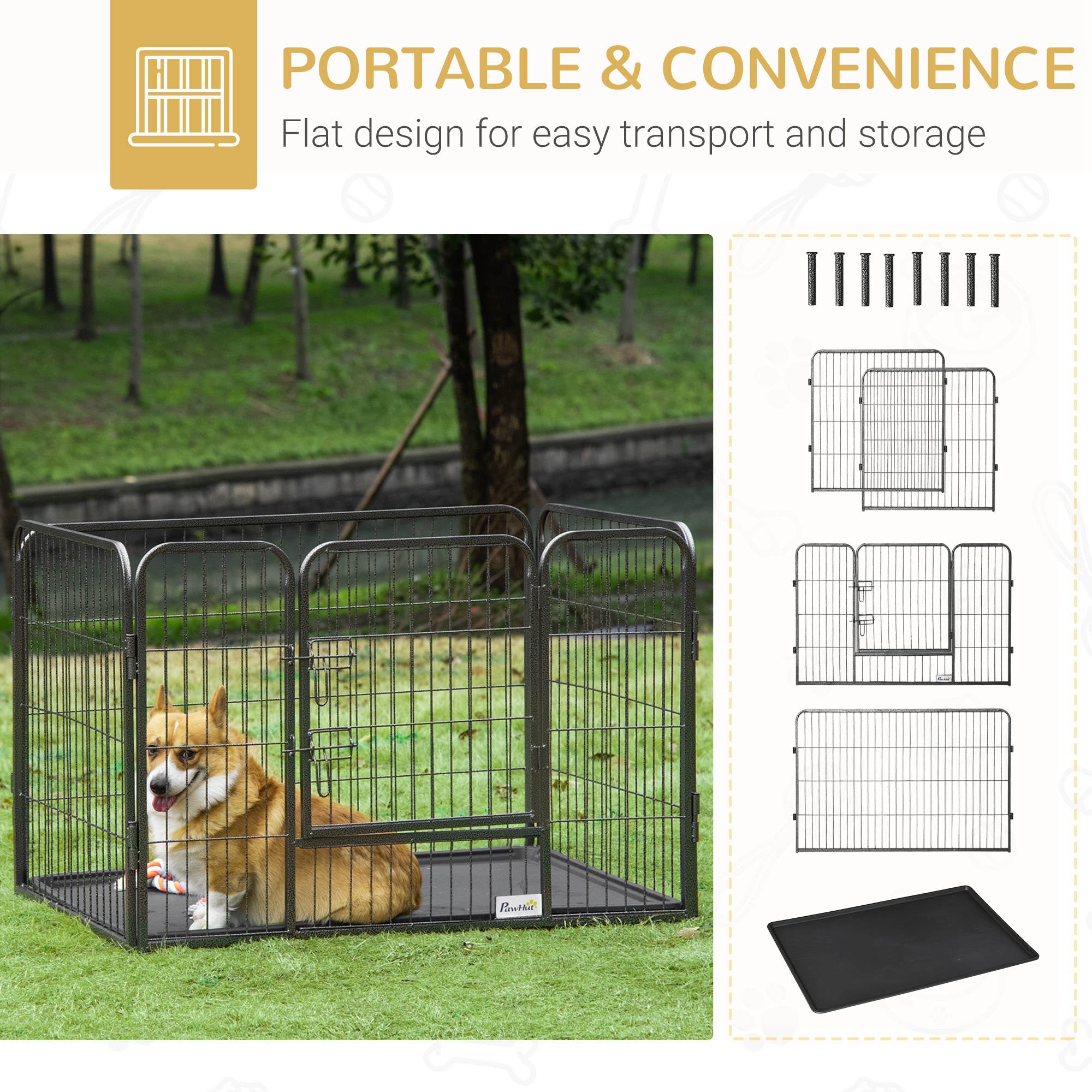 pawhut-parc-pour-chien-4-panneaux-avec-porte-et-plateau-gris-int-rieur-ext-rieur image 7