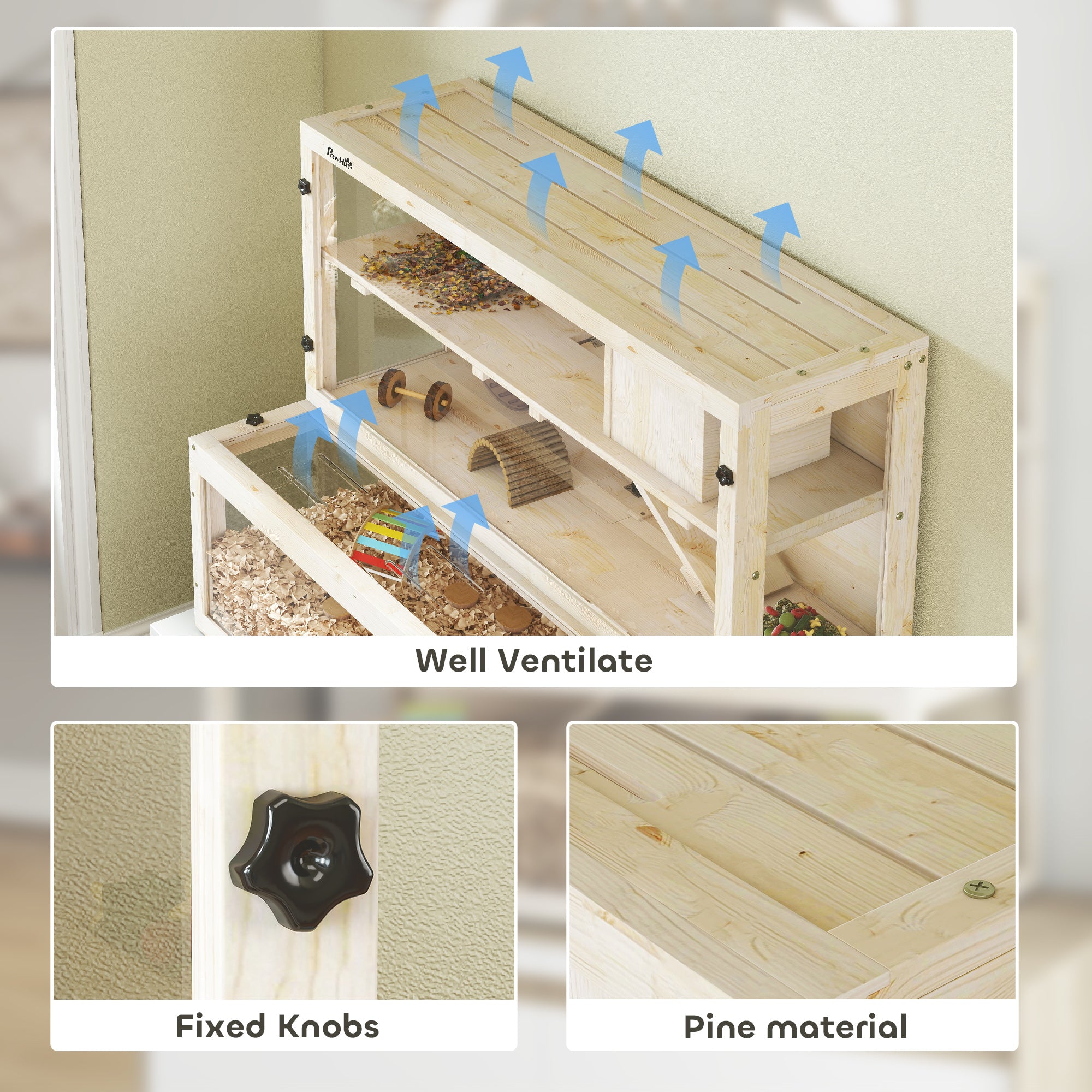 pawhut-cage-hamster-bois-3-tages-100-x-50-x-84-cm-avec-roue image 7