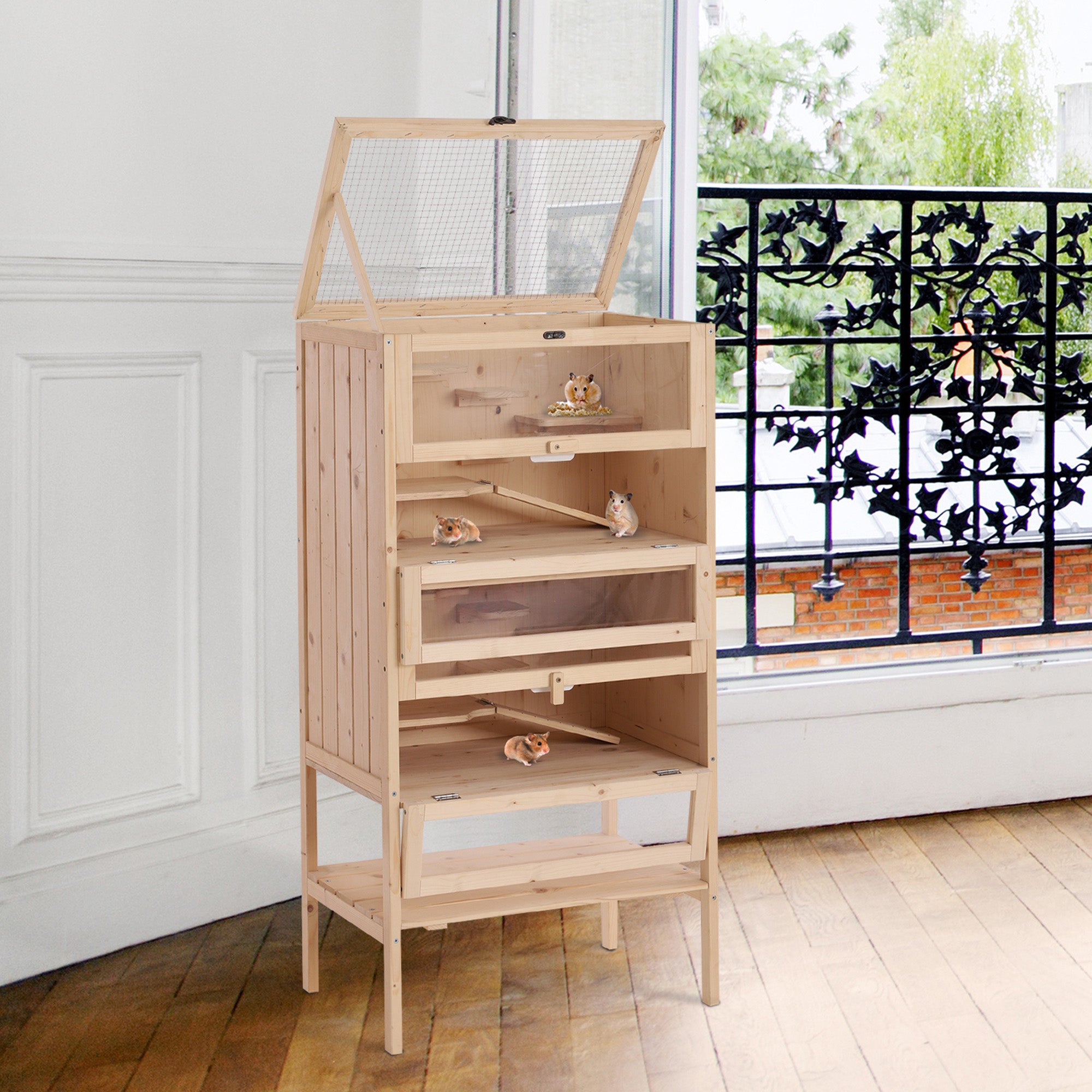 pawhut-habitat-hamster-en-bois-4-tages-avec-vue-claire-et-rangement image 4